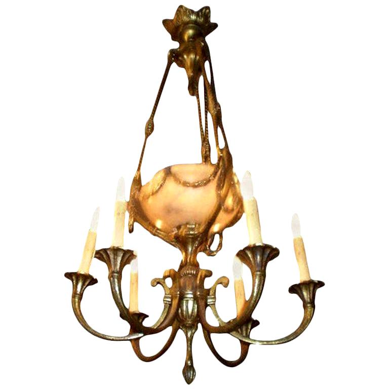 French Alabaster Bronze Greek Key Pendant Light or Chandelier at 1stDibs