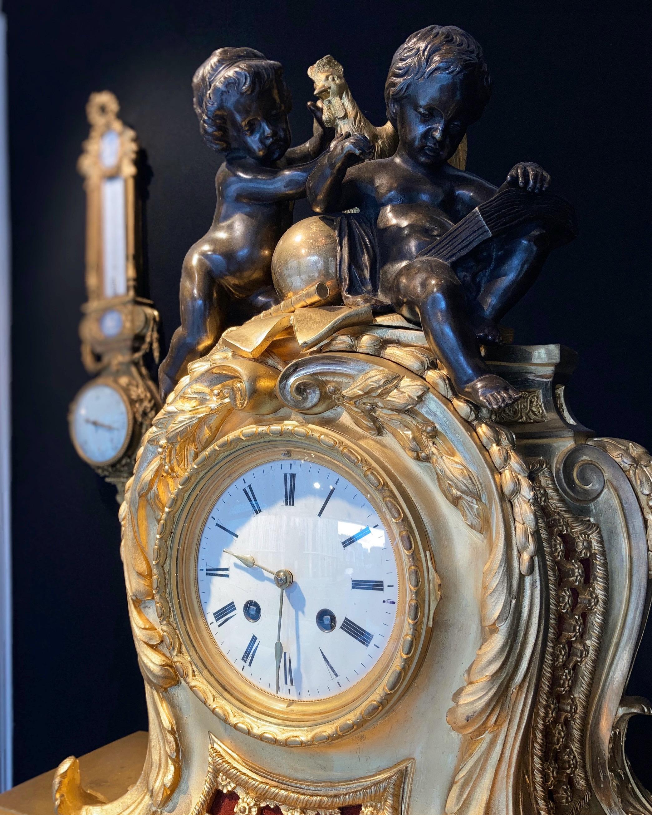 Französische Uhr und Barometer-Set aus vergoldeter Bronze und blauem und weißem Jaspisholz (19. Jahrhundert) im Angebot