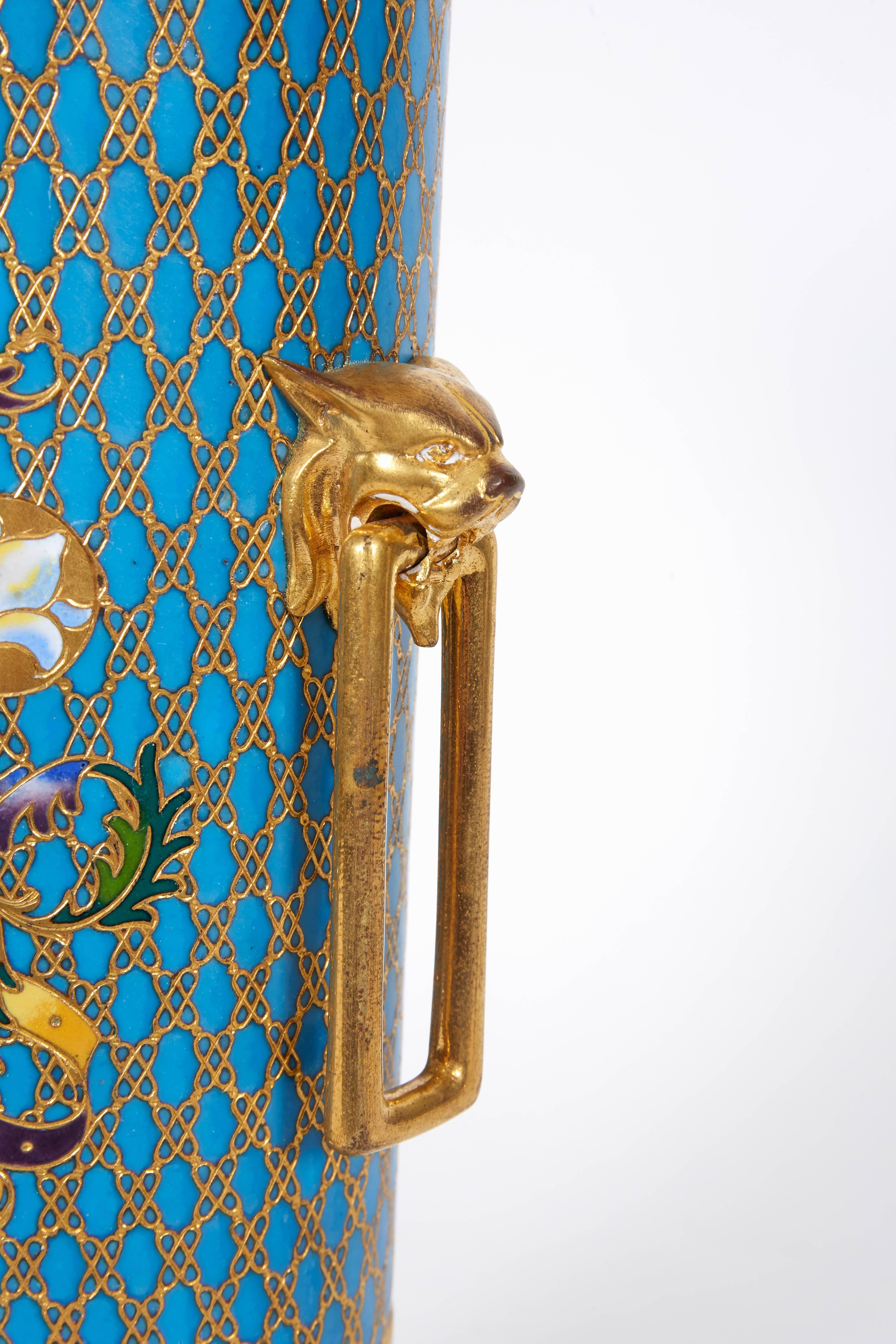 French Gilt Bronze and Champleve Cloisonne Enamel Vase by Ferdinand Barbedienne In Excellent Condition In New York, NY