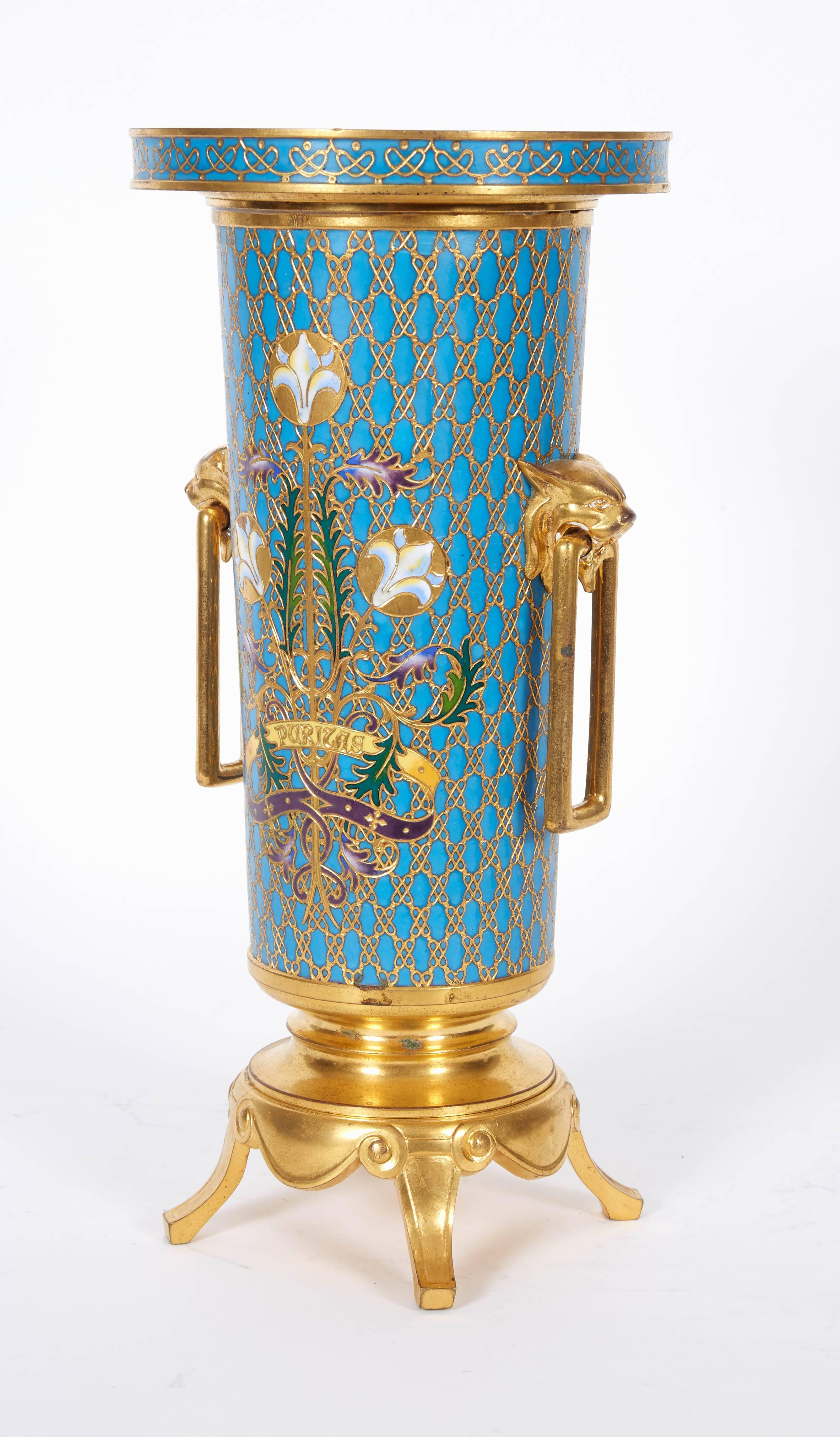 19th Century French Gilt Bronze and Champleve Cloisonne Enamel Vase by Ferdinand Barbedienne