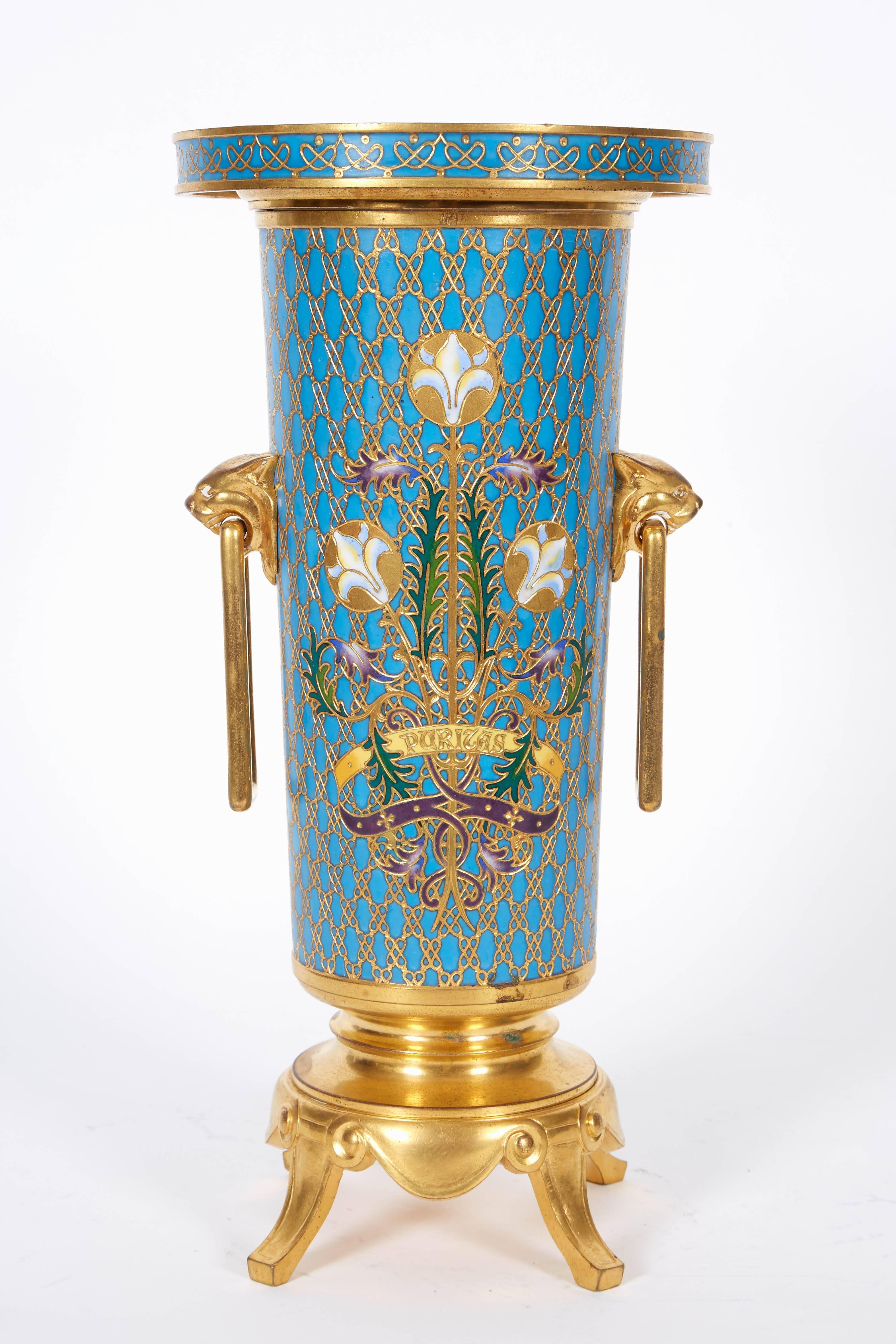 French Gilt Bronze and Champleve Cloisonne Enamel Vase by Ferdinand Barbedienne 1
