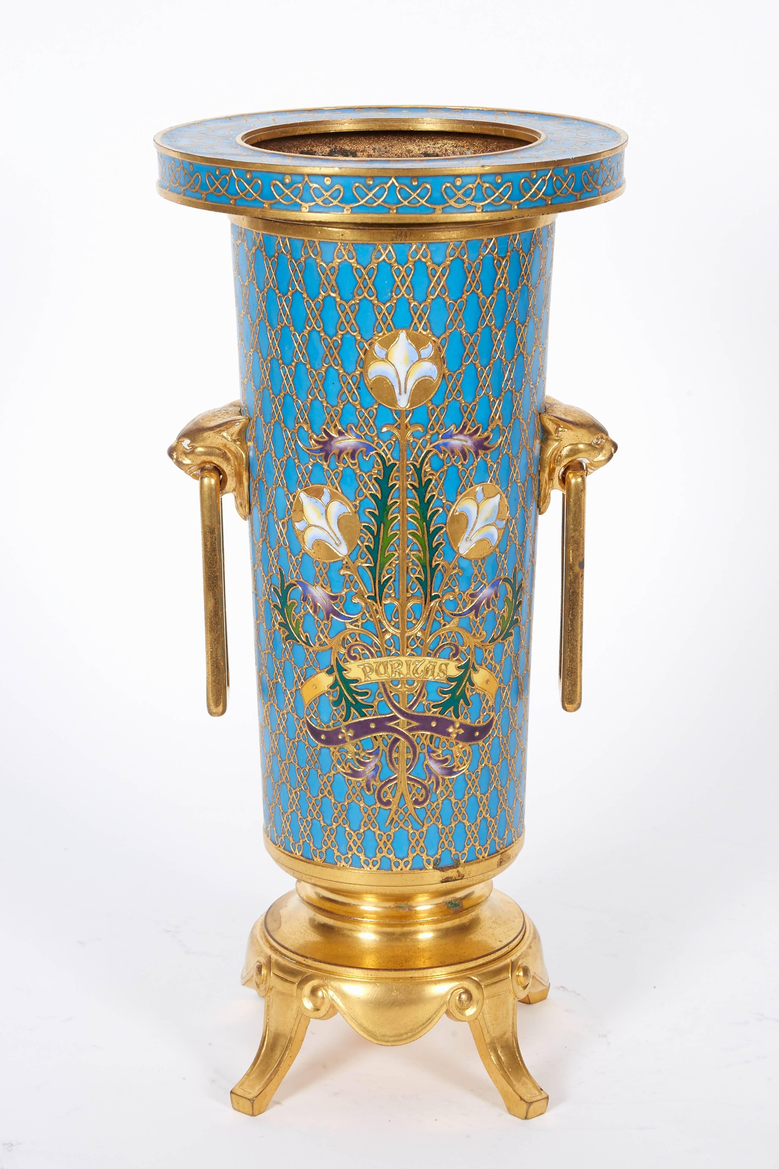 French Gilt Bronze and Champleve Cloisonne Enamel Vase by Ferdinand Barbedienne 2