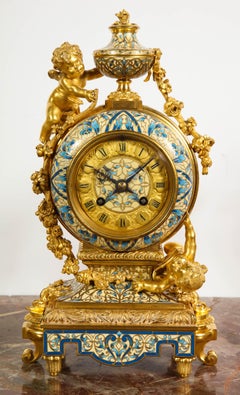French Gilt-Bronze and Champleve Enamel Clock Set, Retailed by Tiffany & Co.