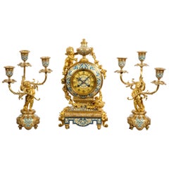 Antique French Gilt-Bronze and Champleve Enamel Clock Set, Retailed by Tiffany & Co.