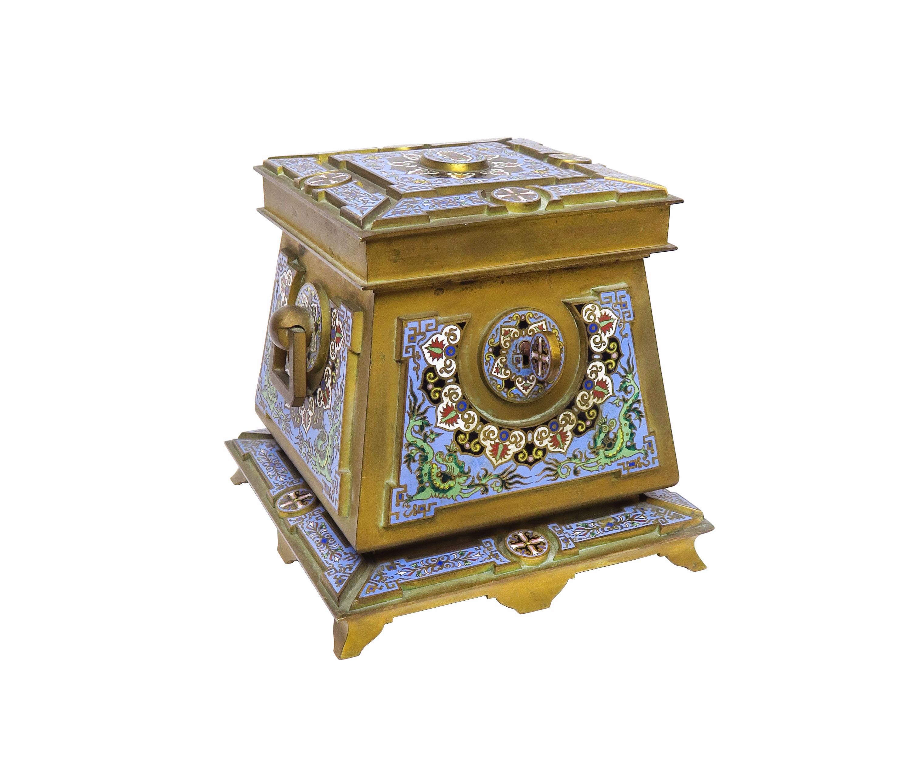 A French Gilt-Bronze and Cloisonne Enamel Casket Possibly by Ferdinand Barbedienne, Late 19th Century.

D: 6-3/4