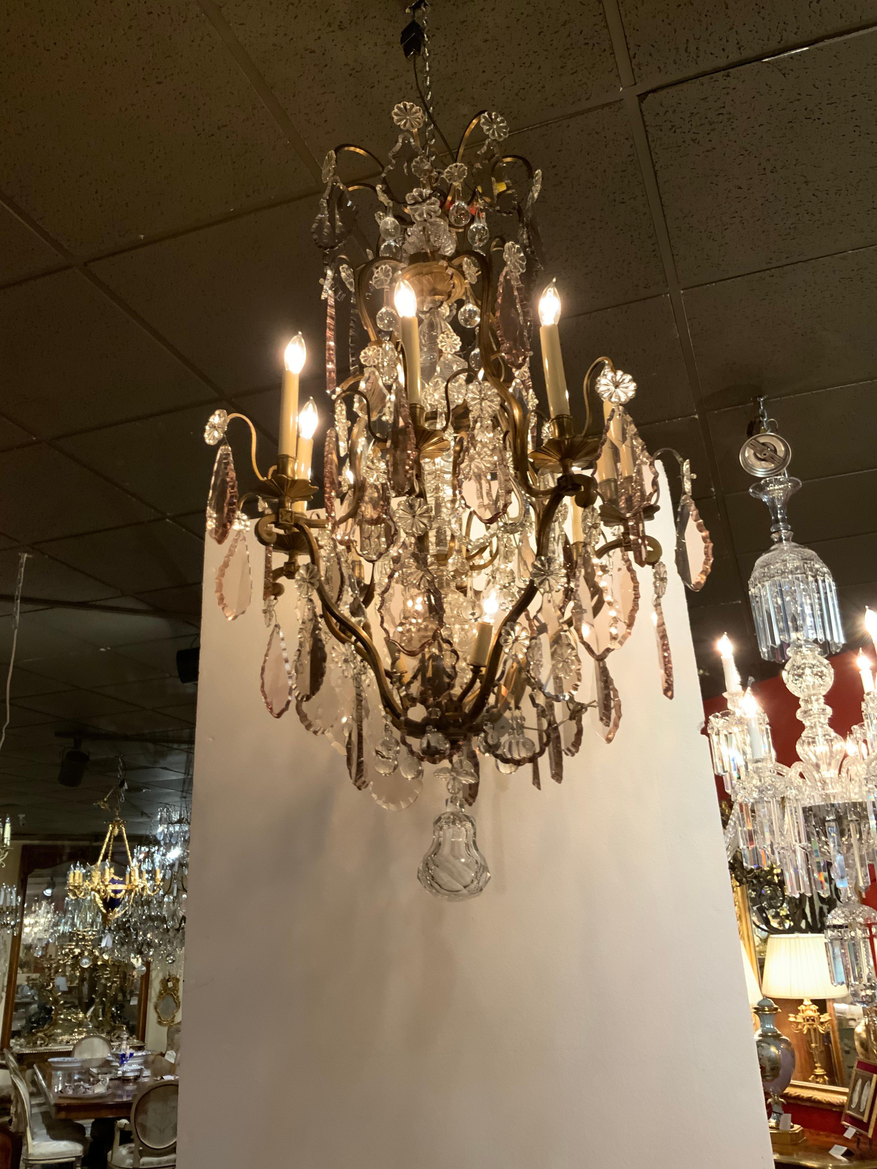 20th Century French Gilt Bronze and Crystal 12 Light Chandelier with Central Post in Crystal For Sale