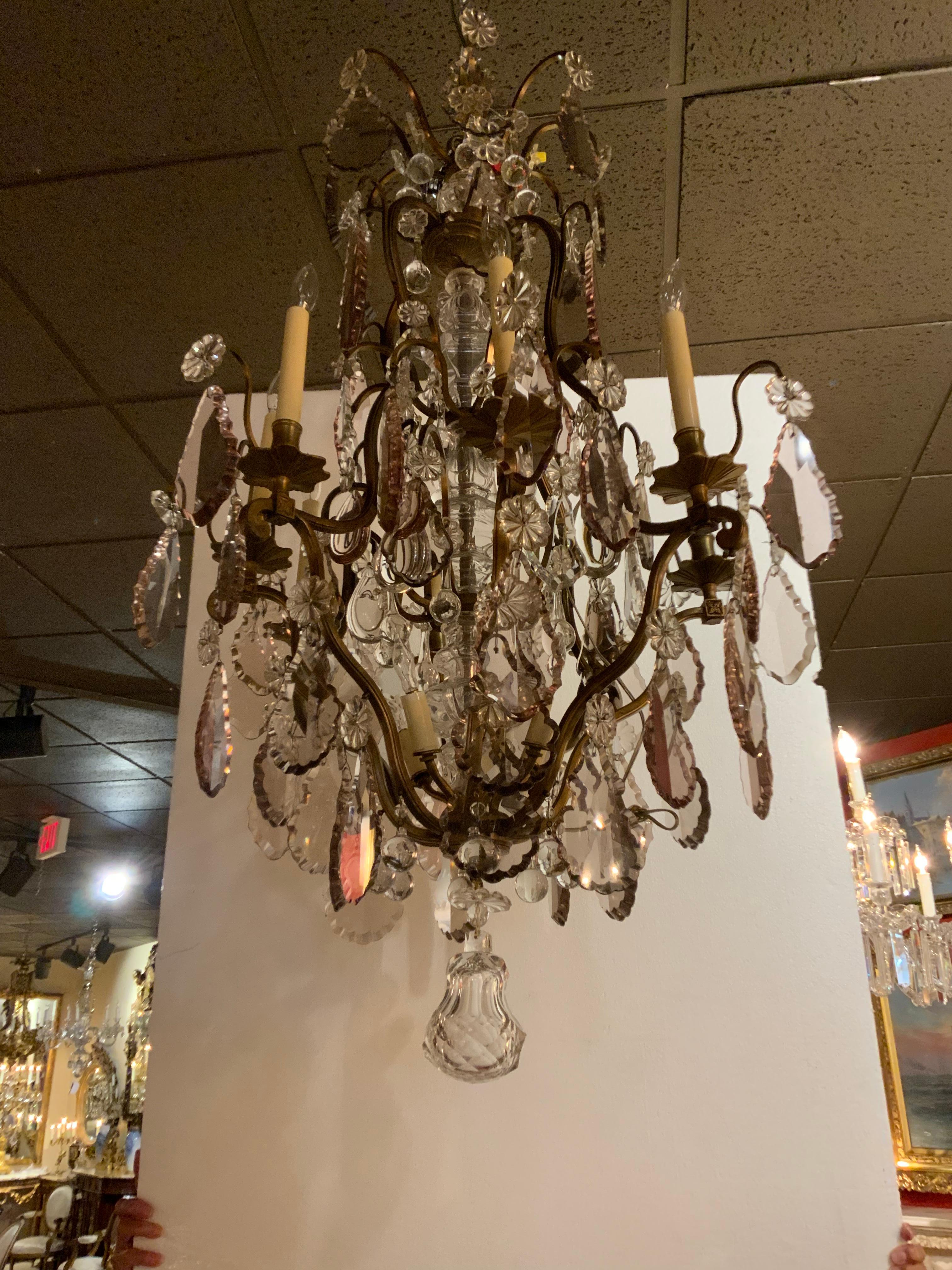 French Gilt Bronze and Crystal 12 Light Chandelier with Central Post in Crystal For Sale 2