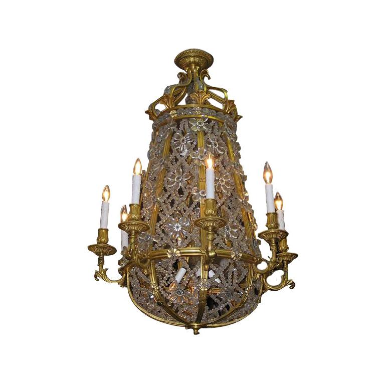 French Gilt Bronze and Crystal Sixteen Light Foliage Baccarat Chandelier, C 1810