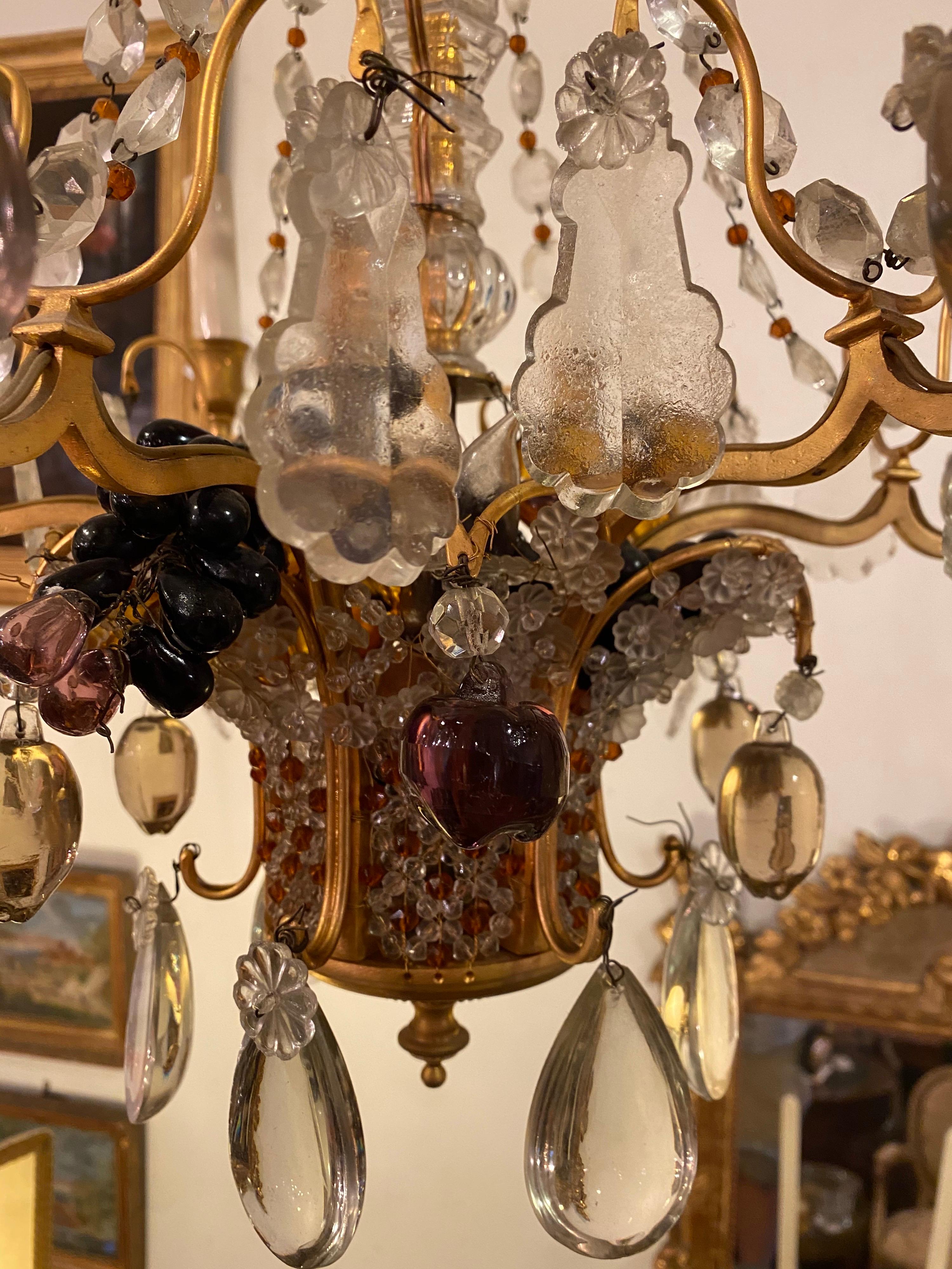 French gilt bronze “fruit basket“ chandelier with amethyst and amber glass grapes, apples and beads with crystal beading and drops.