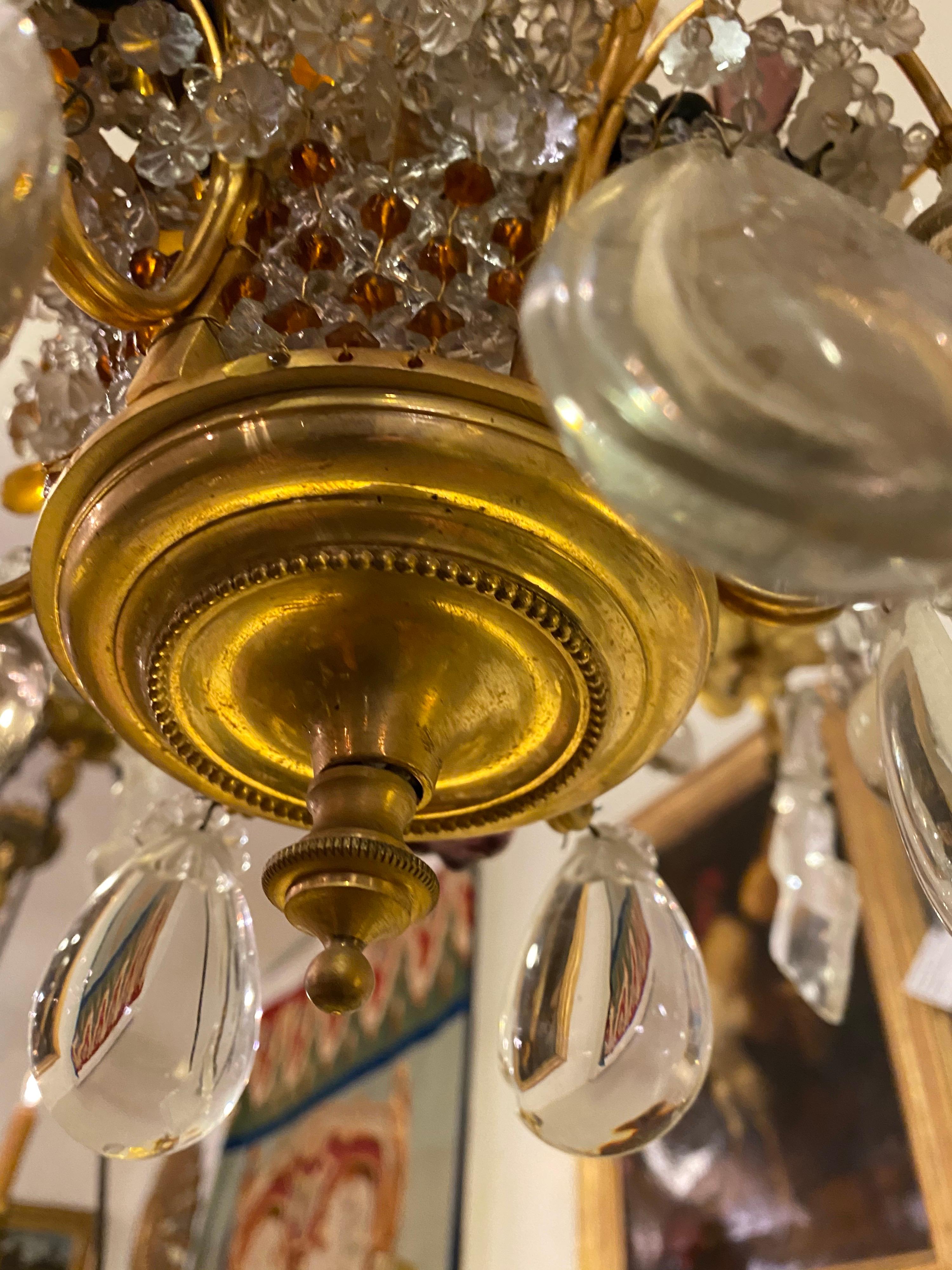 French Gilt Bronze and Crystal Fruit Basket Chandelier, 1940s 3