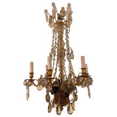 Retro French Gilt Bronze and Crystal Fruit Basket Chandelier, 1940s