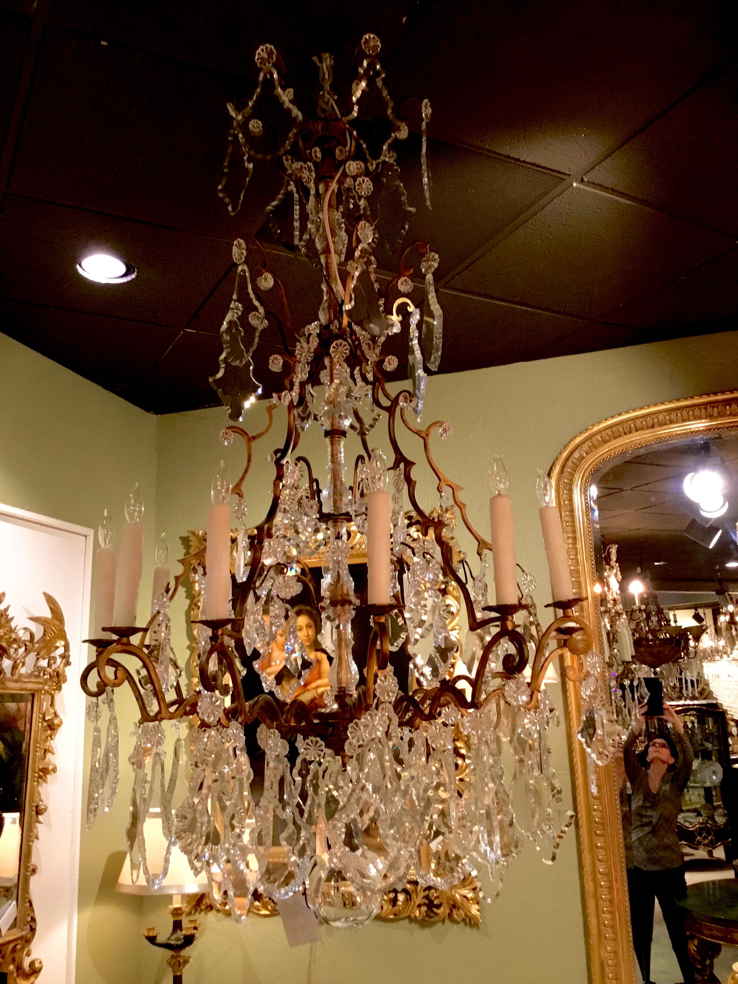 French Gilt Bronze and Crystal Tall Chandelier, 12-Light with Large Pendants In Good Condition For Sale In Houston, TX