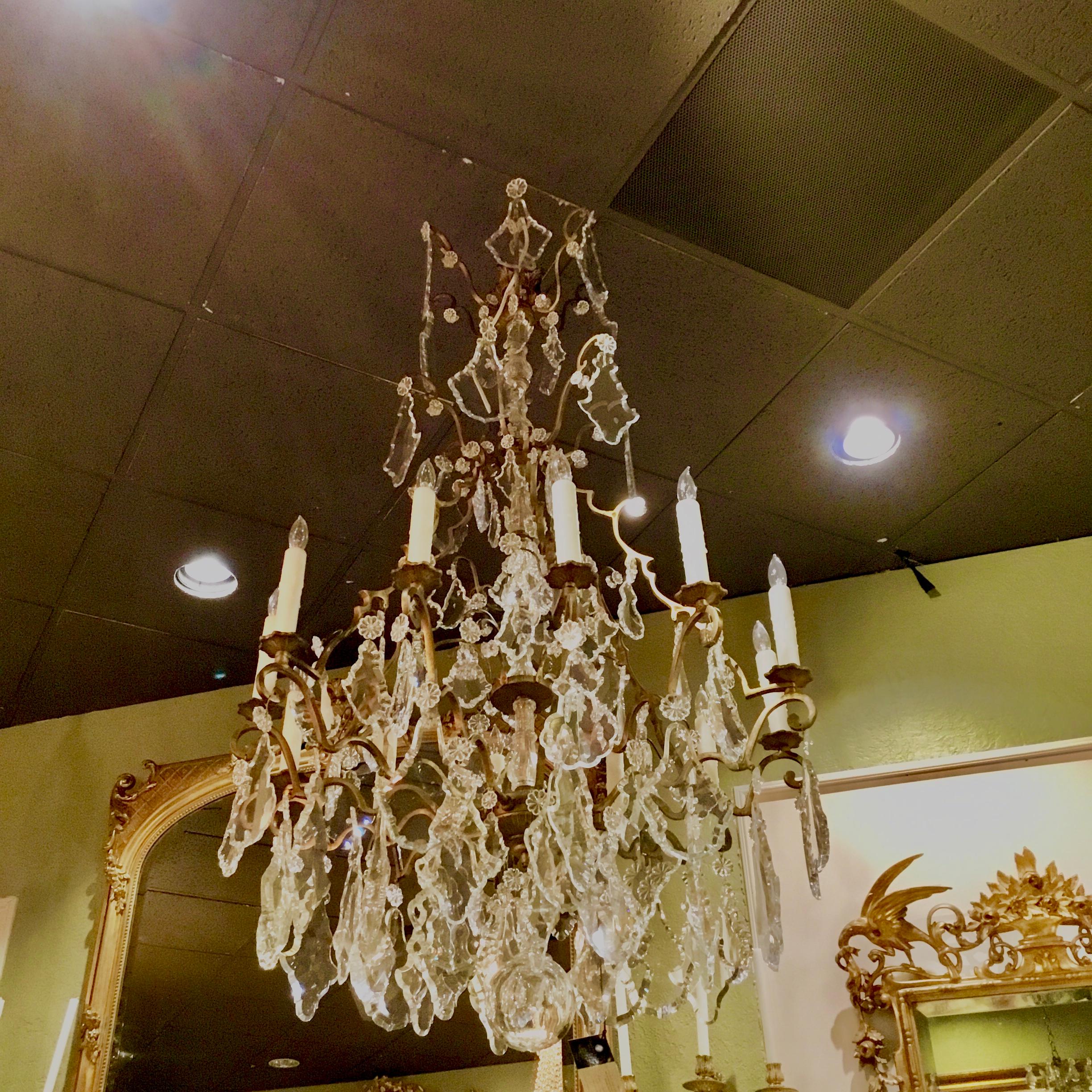 French Gilt Bronze and Crystal Tall Chandelier, 12-Light with Large Pendants For Sale 2