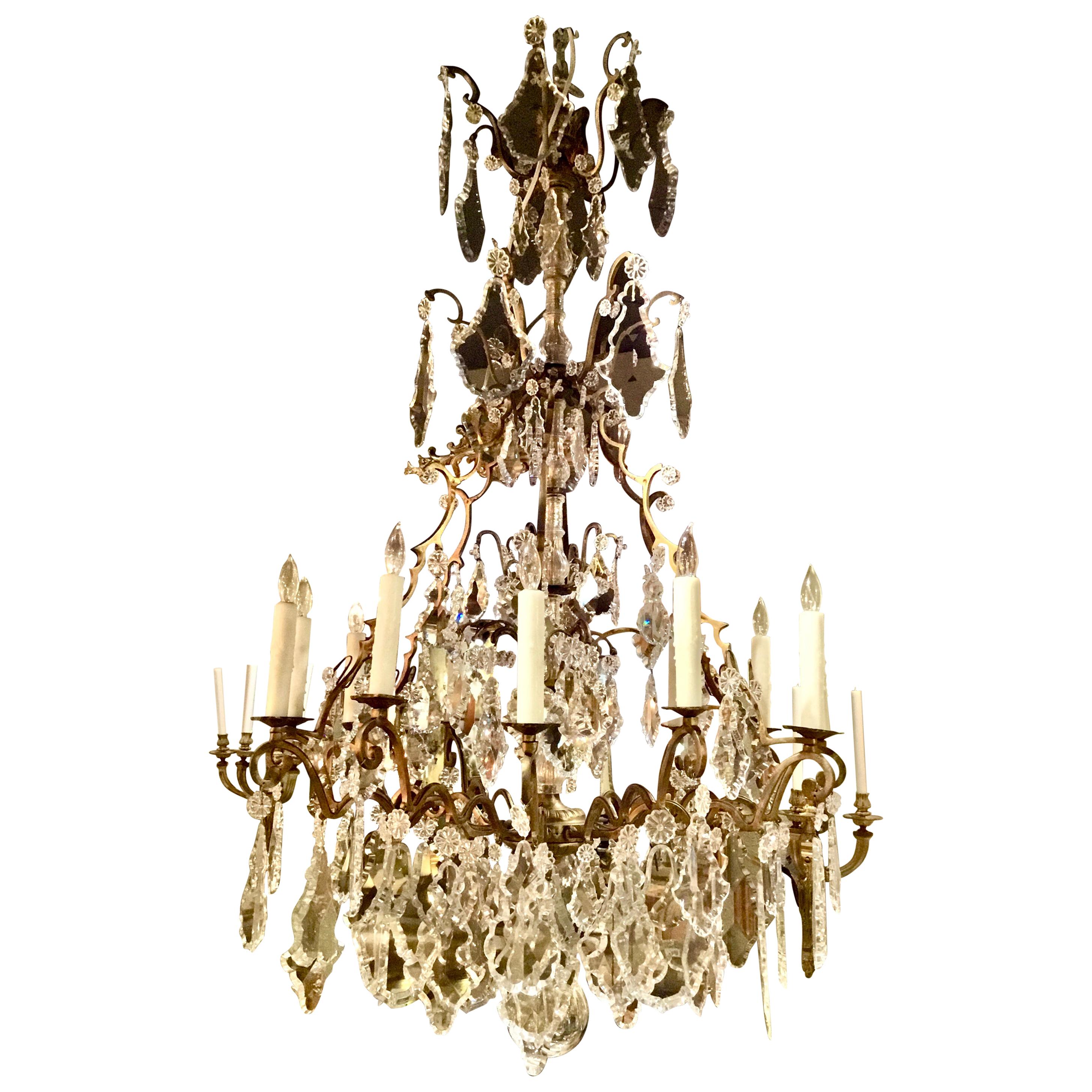French Gilt Bronze and Crystal Tall Chandelier, 12-Light with Large Pendants For Sale