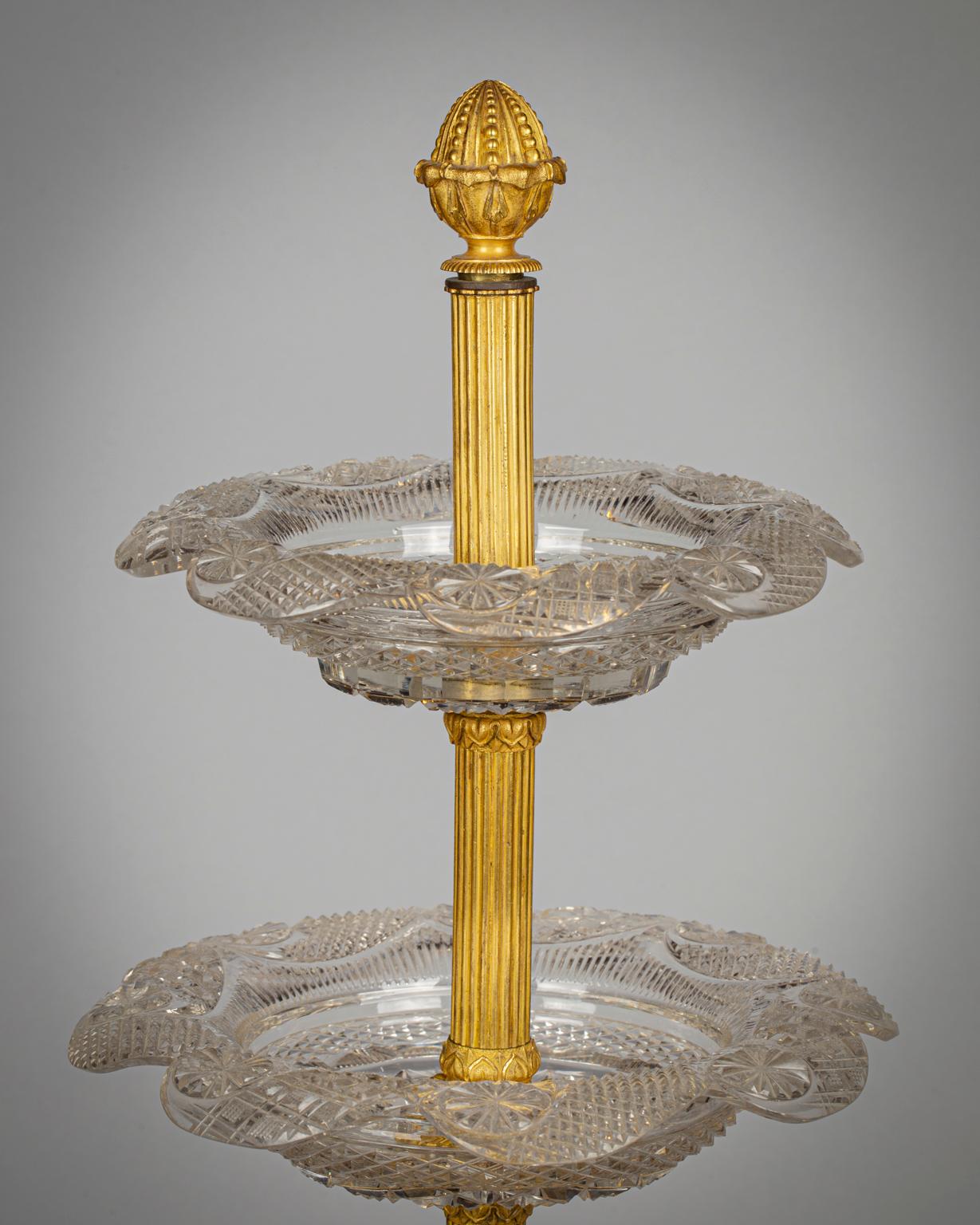 Mid-19th Century French Gilt Bronze and Crystal Three-Tiered Stand, circa 1860 For Sale