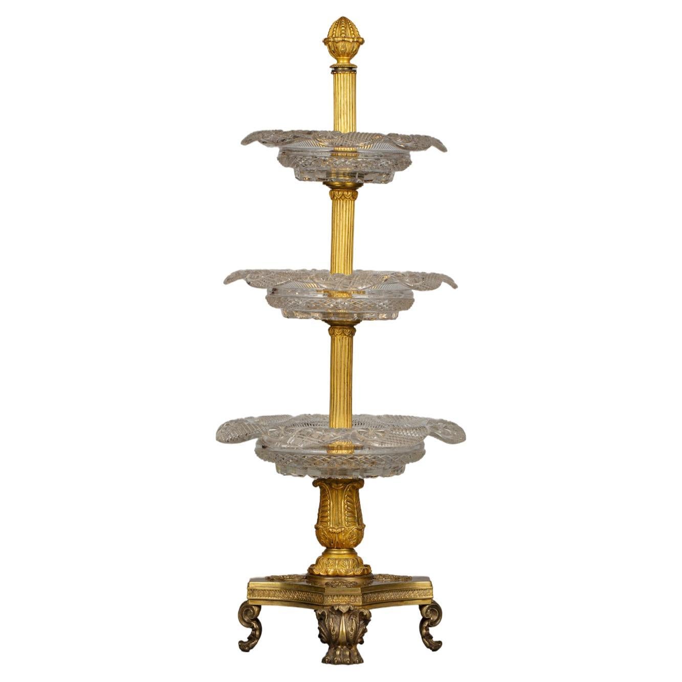 French Gilt Bronze and Crystal Three-Tiered Stand, circa 1860 For Sale