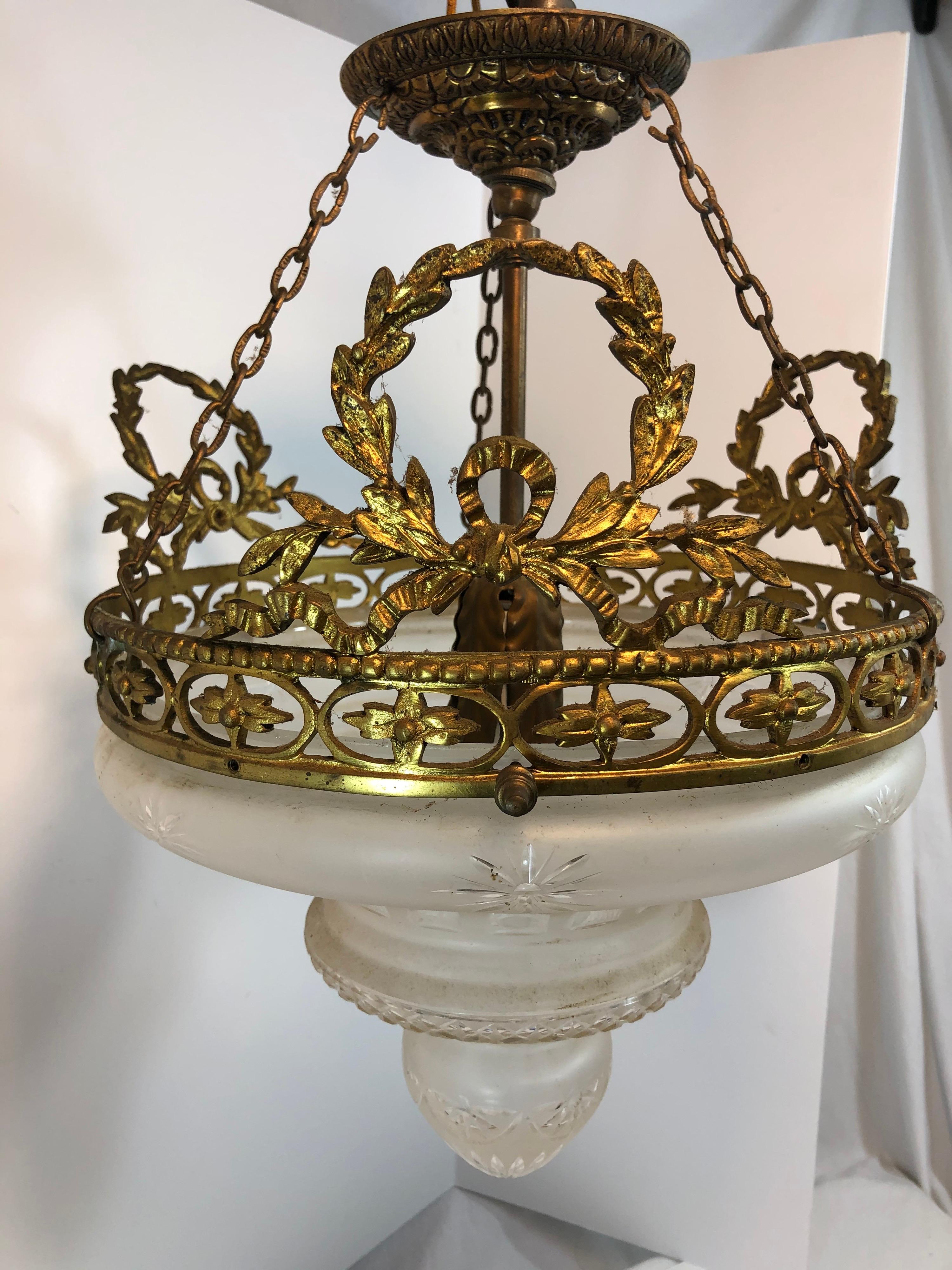 French Gilt Bronze and Cut Glass Semi Flushmount Chandelier 10