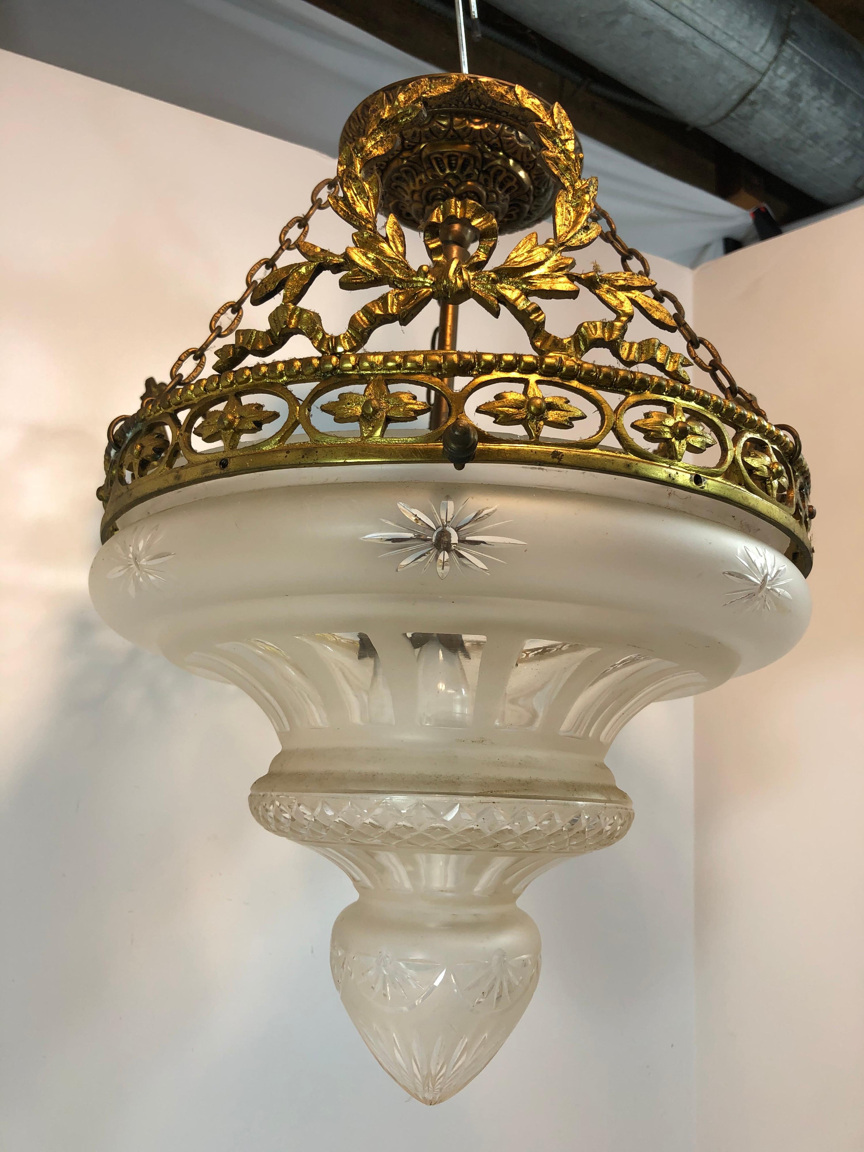 French Gilt Bronze and Cut Glass Semi Flushmount Chandelier 14