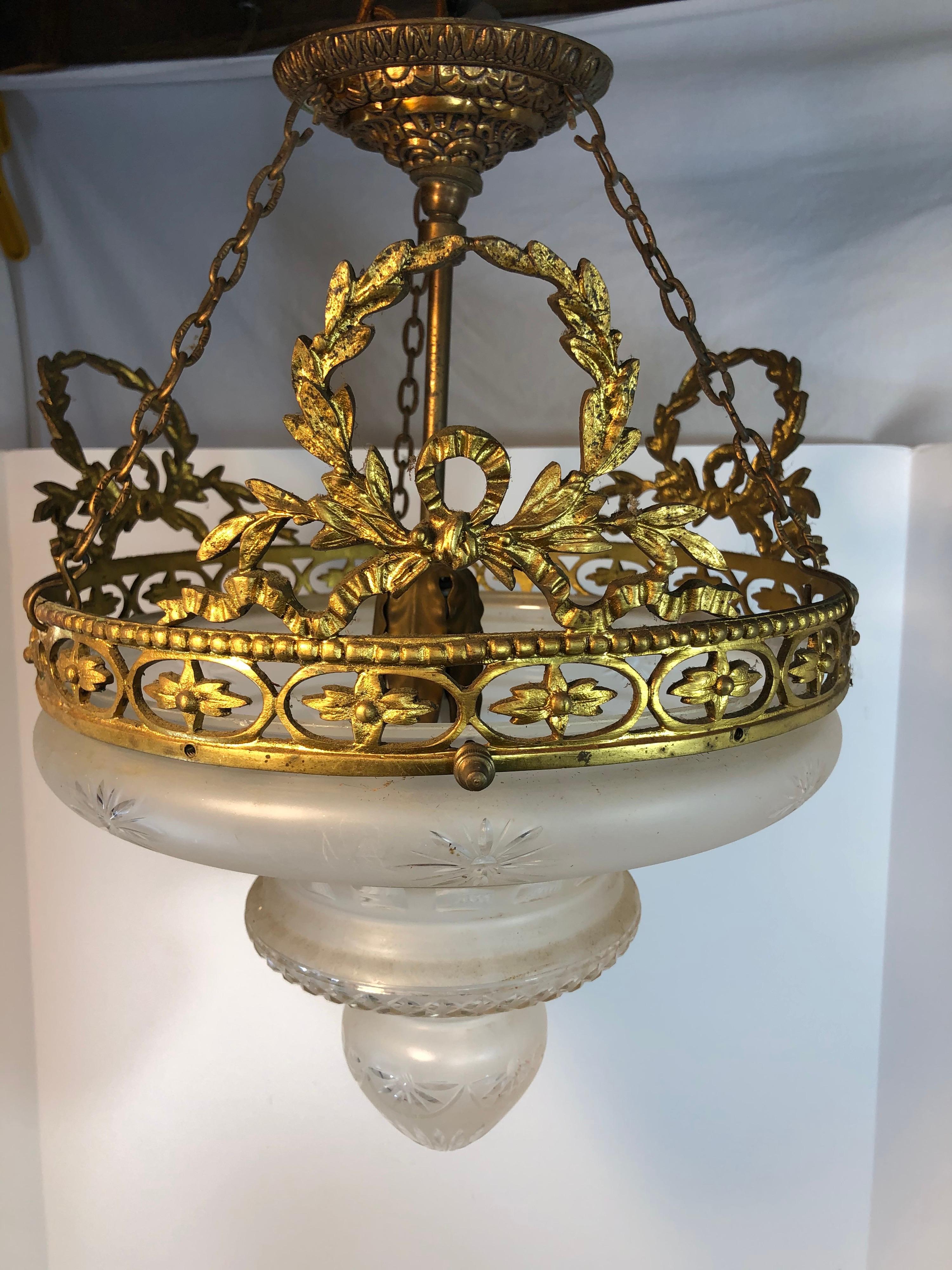 French Gilt Bronze and Cut Glass Semi Flushmount Chandelier In Good Condition In New York, NY
