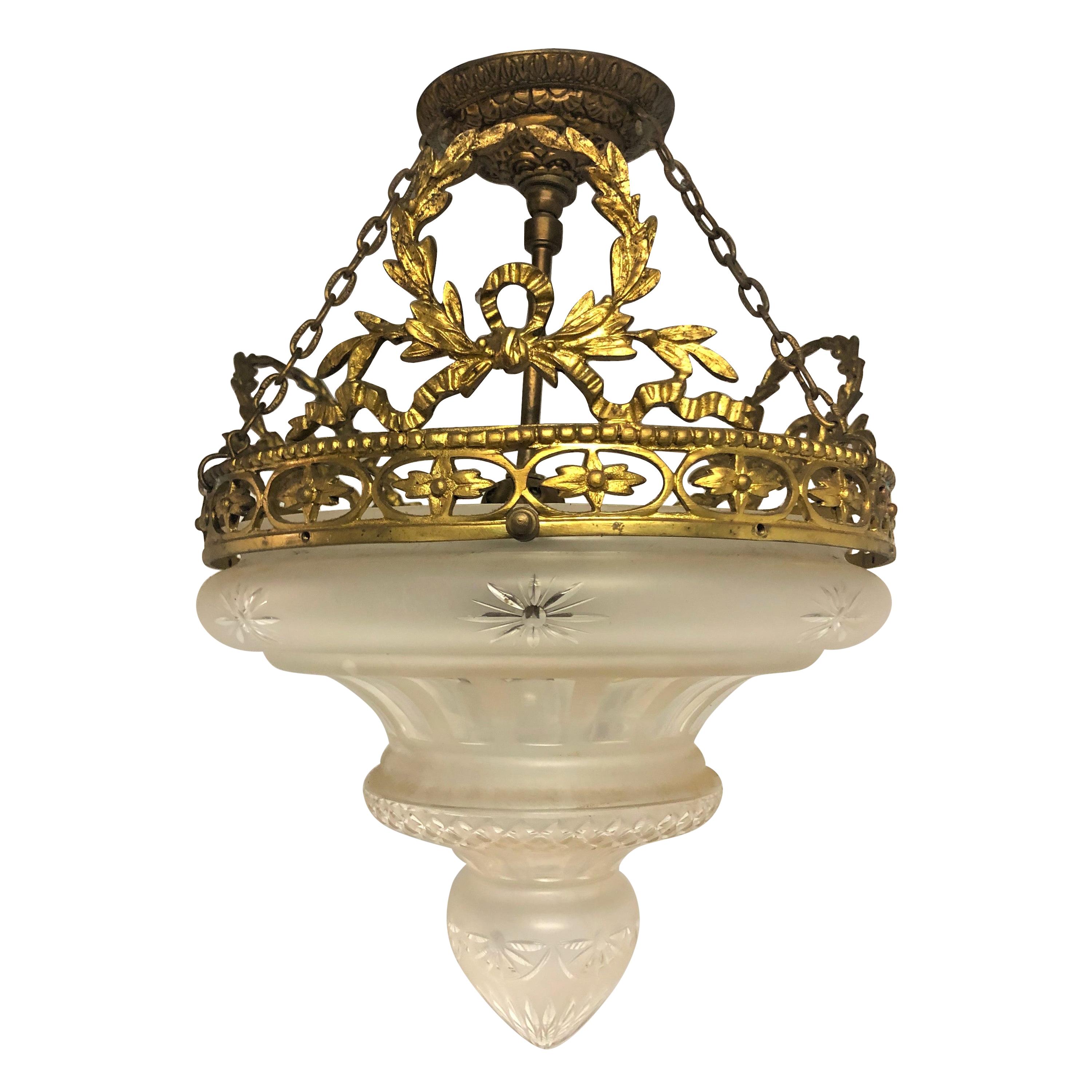 French Gilt Bronze and Cut Glass Semi Flushmount Chandelier