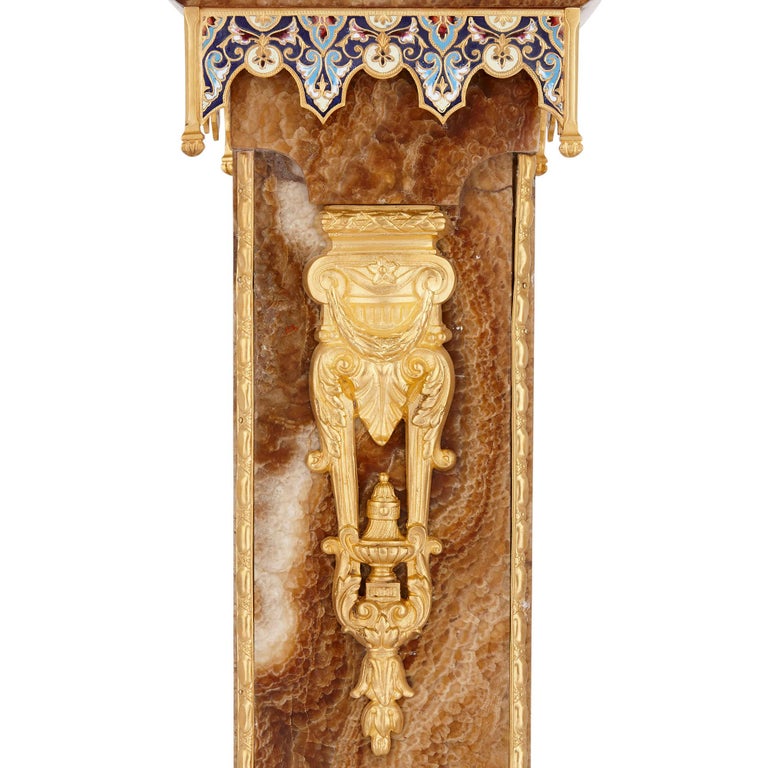 French Gilt Bronze and Enamel Mounted Onyx Standing Clock In Good Condition For Sale In London, GB