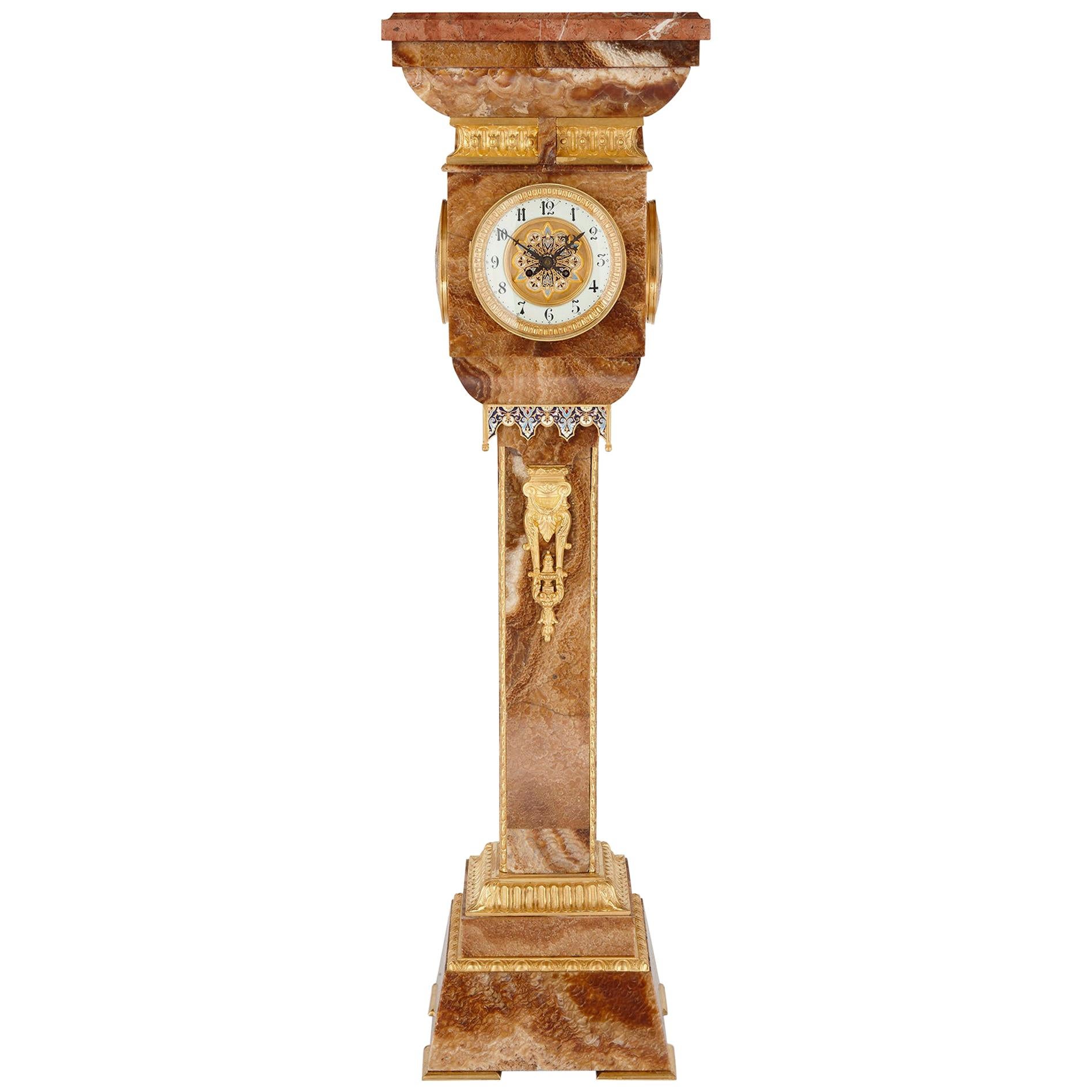 French Gilt Bronze and Enamel Mounted Onyx Standing Clock