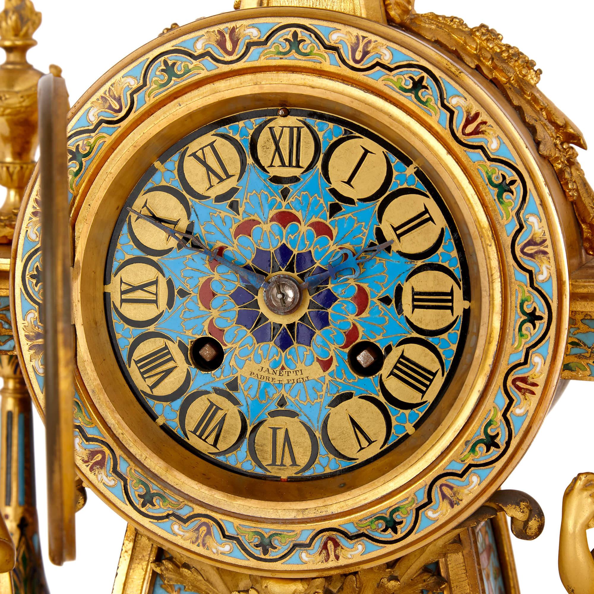 Cloissoné French gilt bronze and enamel three-piece clock set For Sale