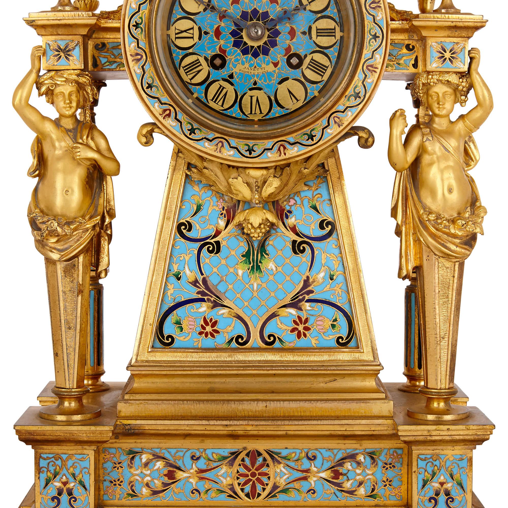 Cloisonné Ensemble d'horloges de trois pièces en bronze doré et émail cloisonné en vente
