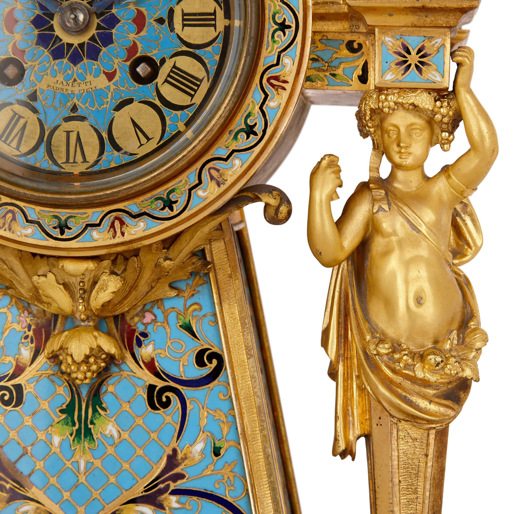19th Century French gilt bronze and enamel three-piece clock set For Sale