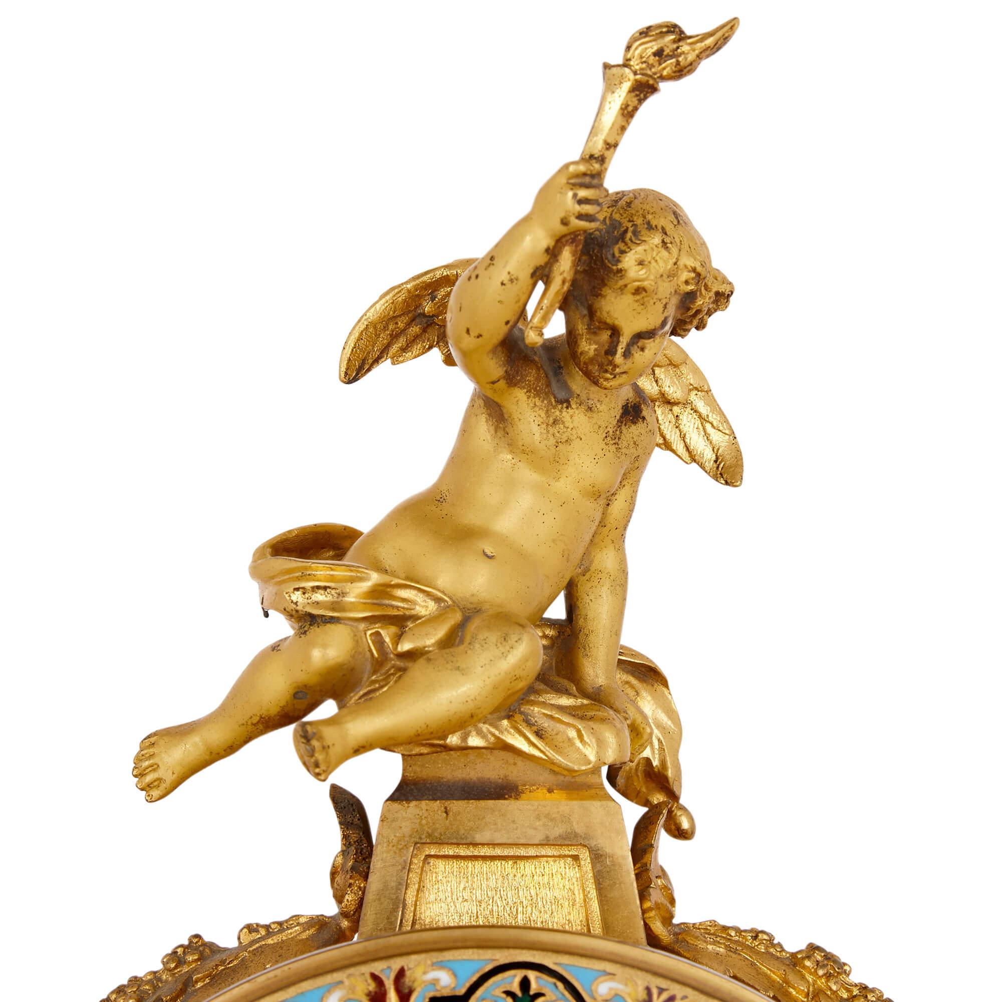 Ormolu French gilt bronze and enamel three-piece clock set For Sale
