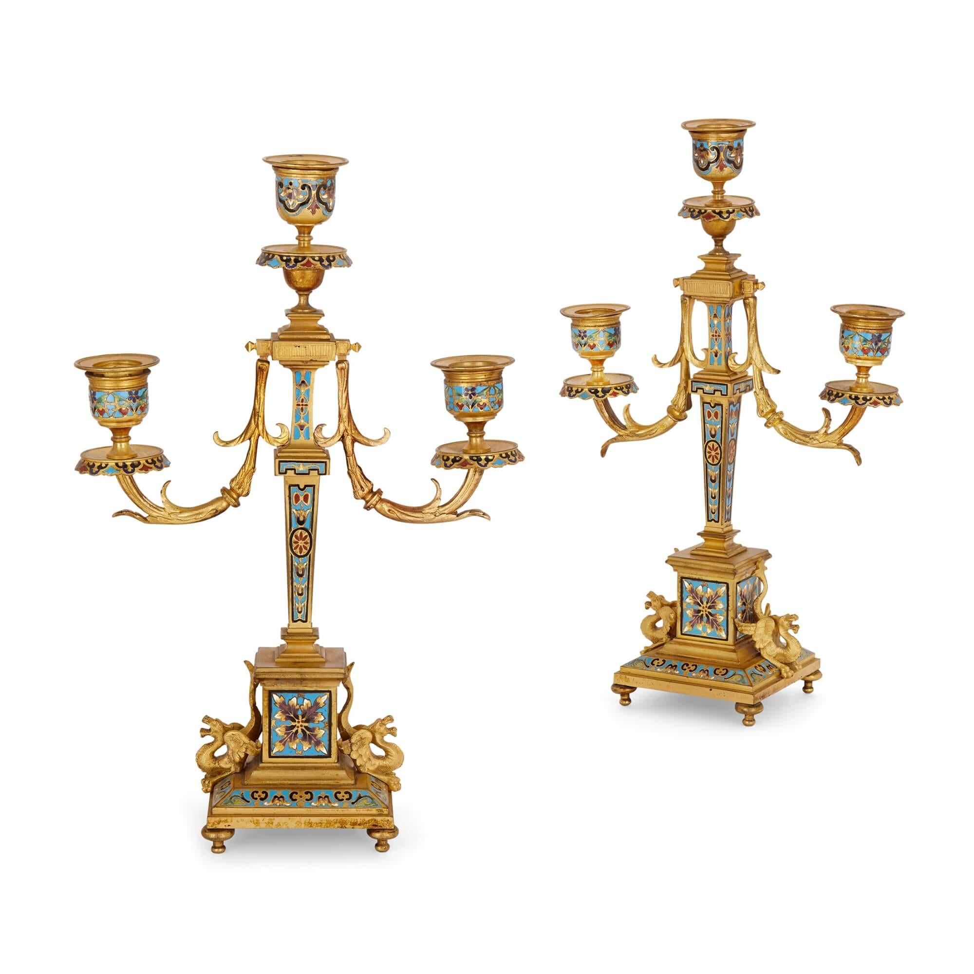French gilt bronze and enamel three-piece clock set For Sale 1