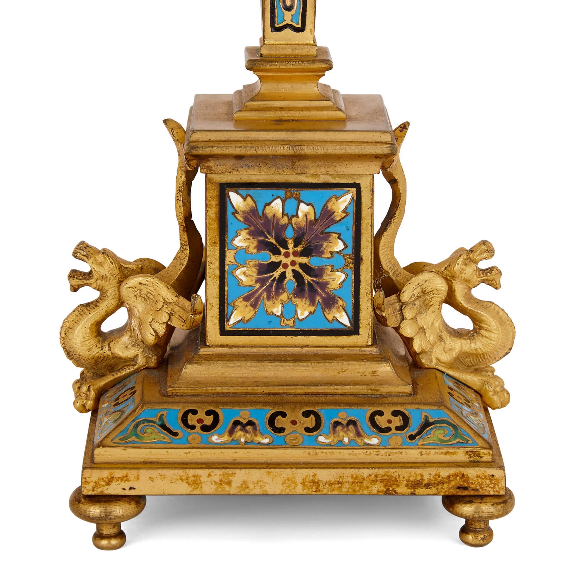 French gilt bronze and enamel three-piece clock set For Sale 2