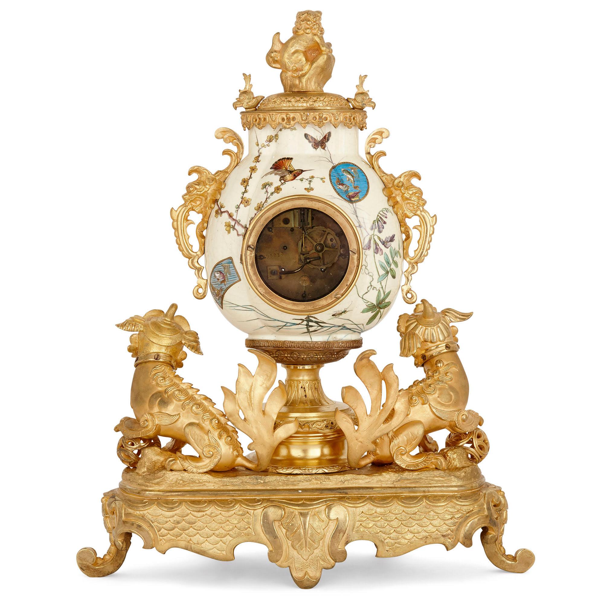 French Gilt Bronze and Faience Clock Set in the Chinoiserie Style For Sale 1