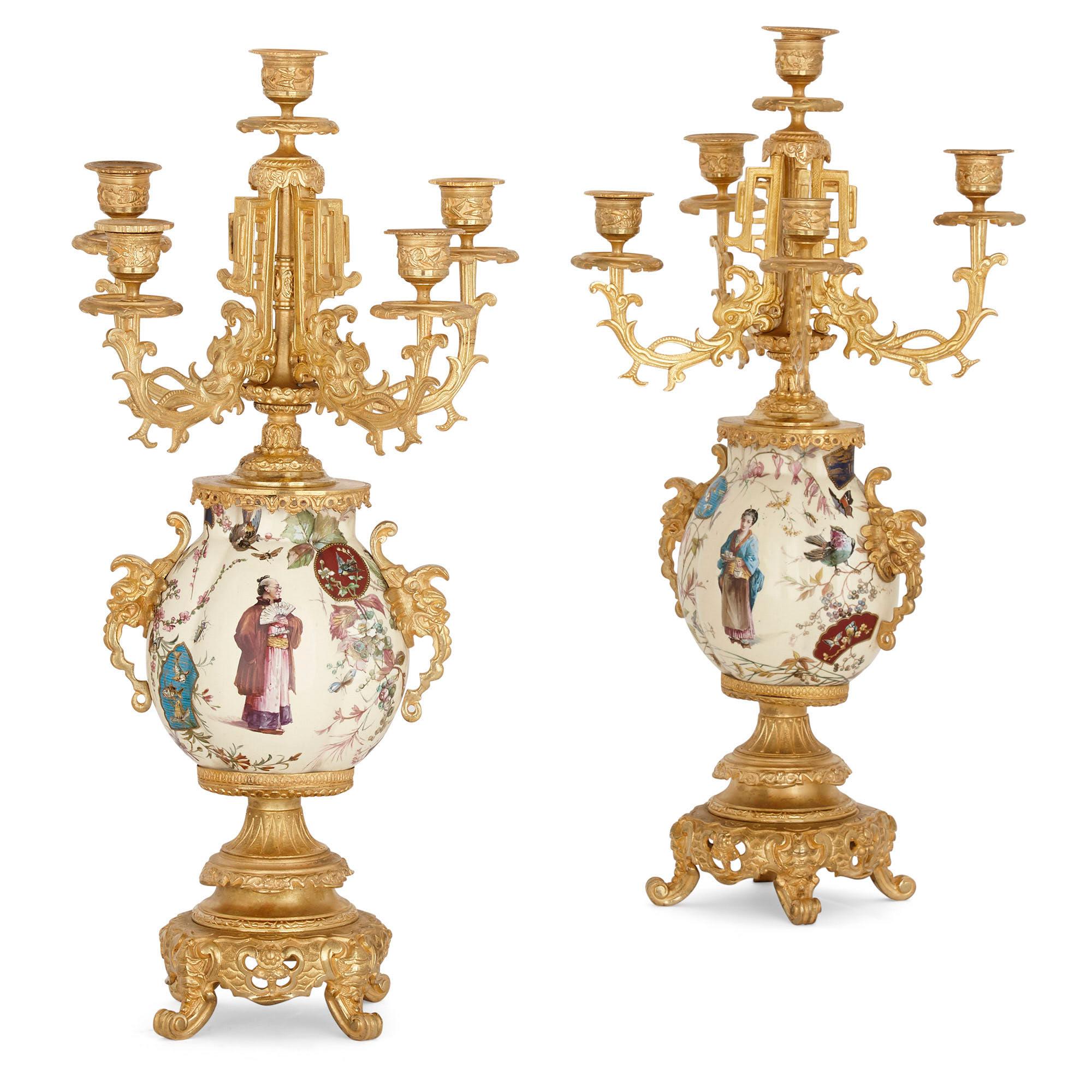 French Gilt Bronze and Faience Clock Set in the Chinoiserie Style For Sale 2