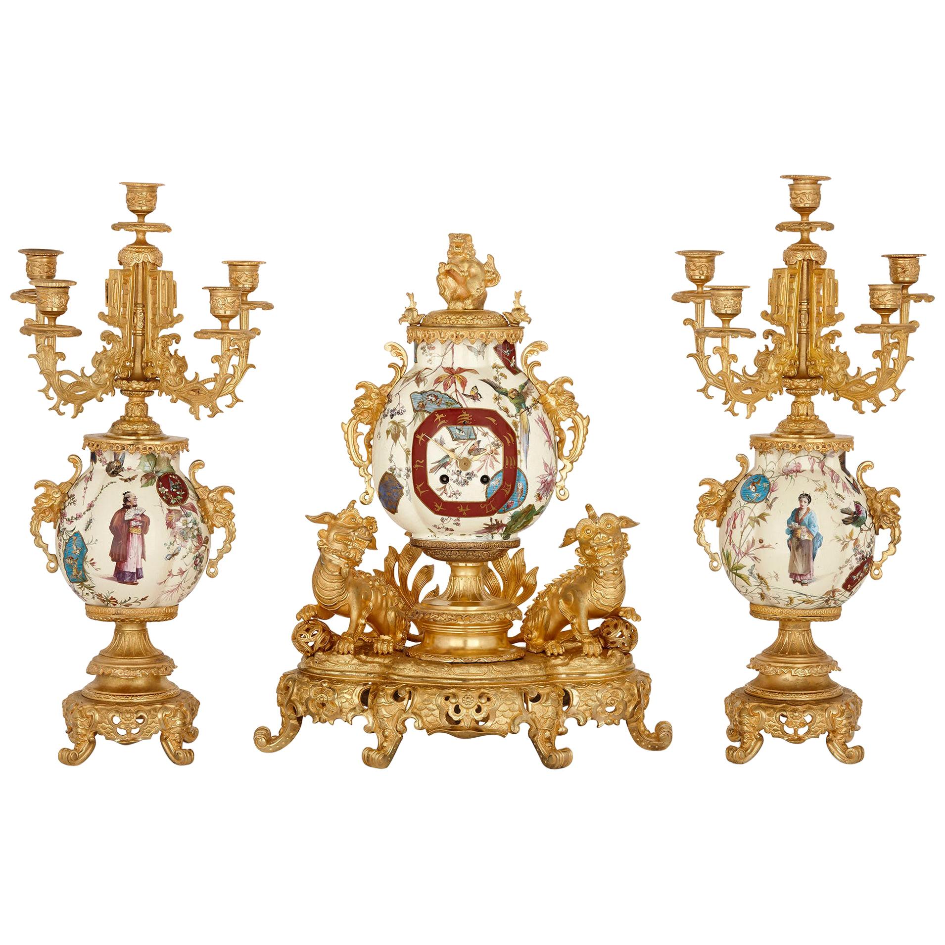 French Gilt Bronze and Faience Clock Set in the Chinoiserie Style