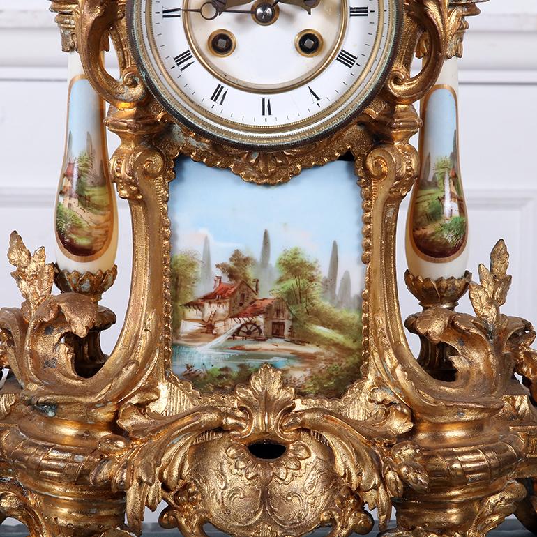 French Gilt Bronze and Hand-Painted Porcelain Mantle Clock 2