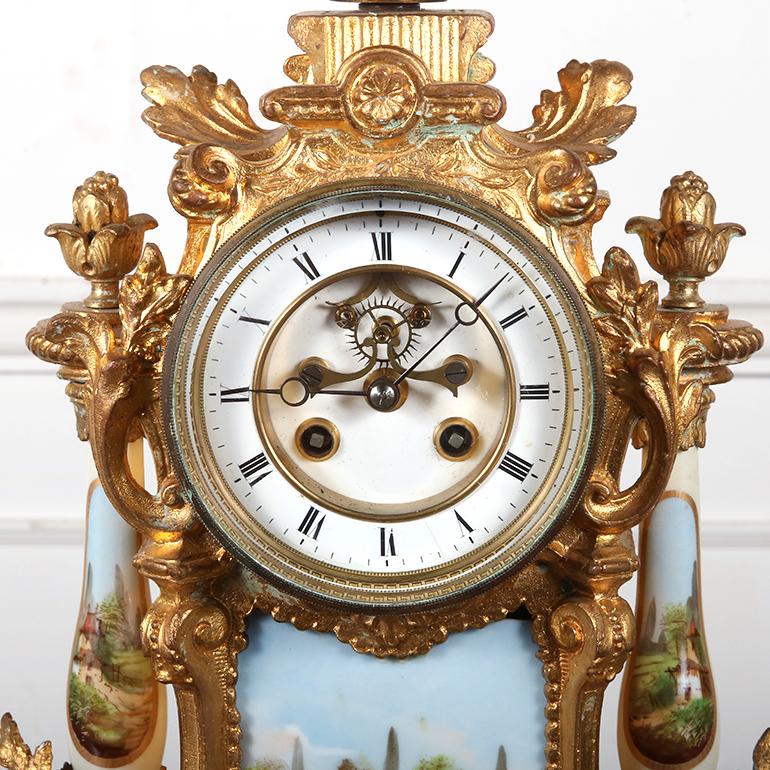 French Gilt Bronze and Hand-Painted Porcelain Mantle Clock 3