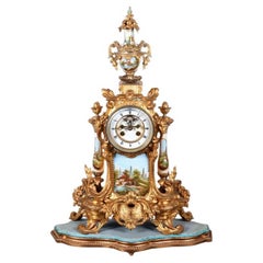 Antique French Gilt Bronze and Hand-Painted Porcelain Mantle Clock
