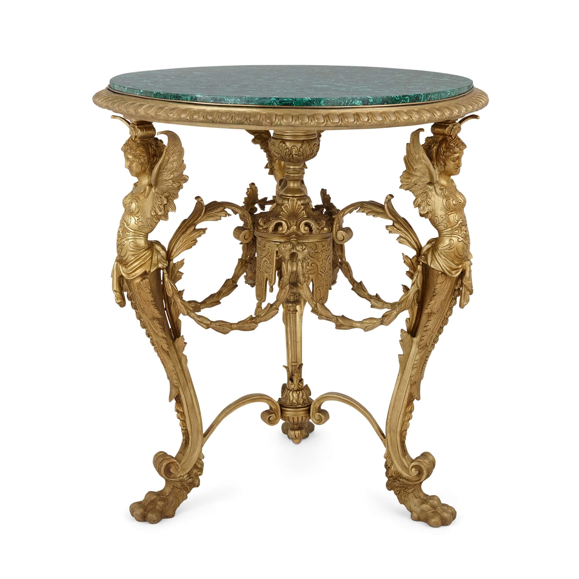 Mesa central francesa de bronce dorado y malaquita