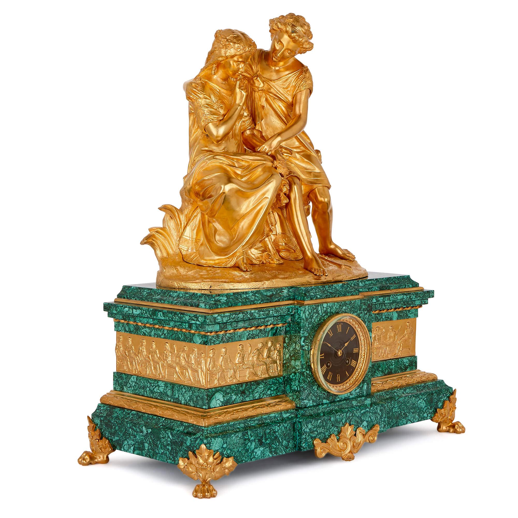 This mantel clock features a beautiful gilt bronze sculpture, which was crafted after a piece by the esteemed French artist, Auguste Moreau. Auguste came from a family of successful French sculptors, his father being Jean-Baptiste Moreau. Auguste’s