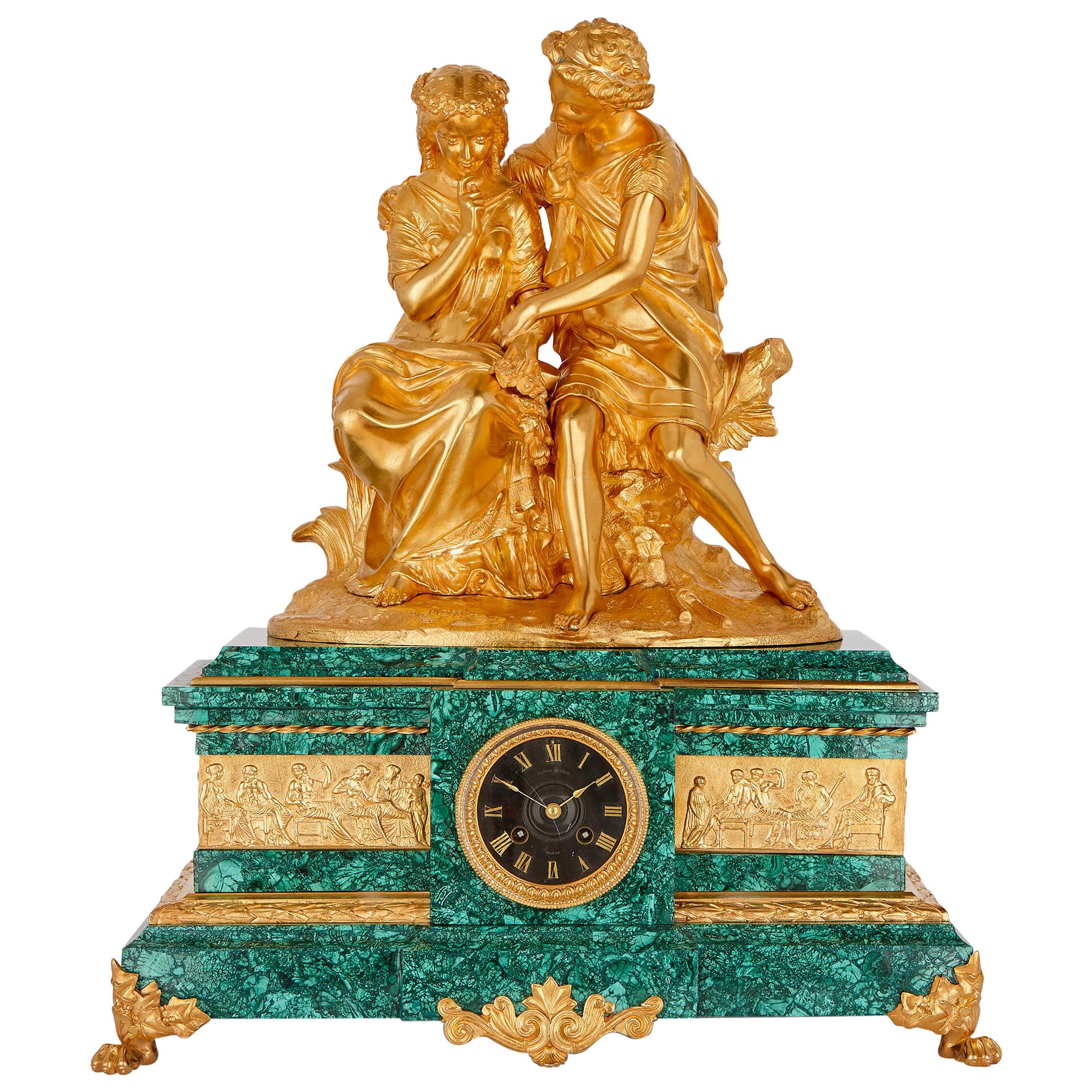 French Gilt Bronze and Malachite Clock after Moreau