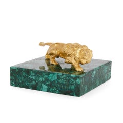 French Gilt Bronze and Malachite Lion Paperweight