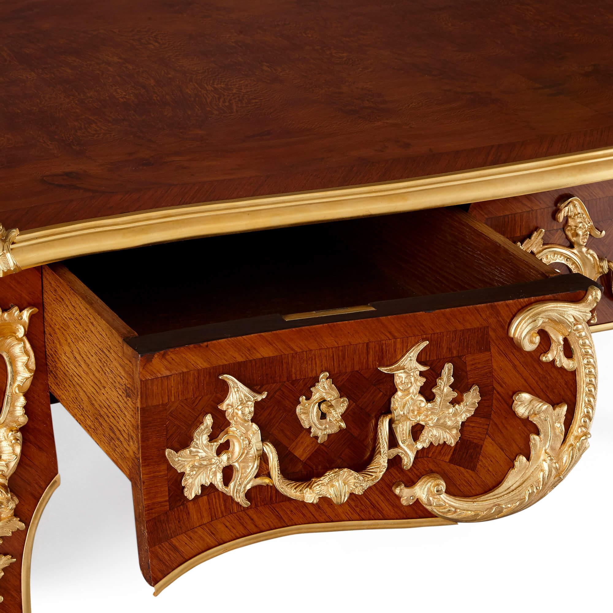 French Gilt Bronze and Marquetry Writing Desk After Cressent In Good Condition For Sale In London, GB