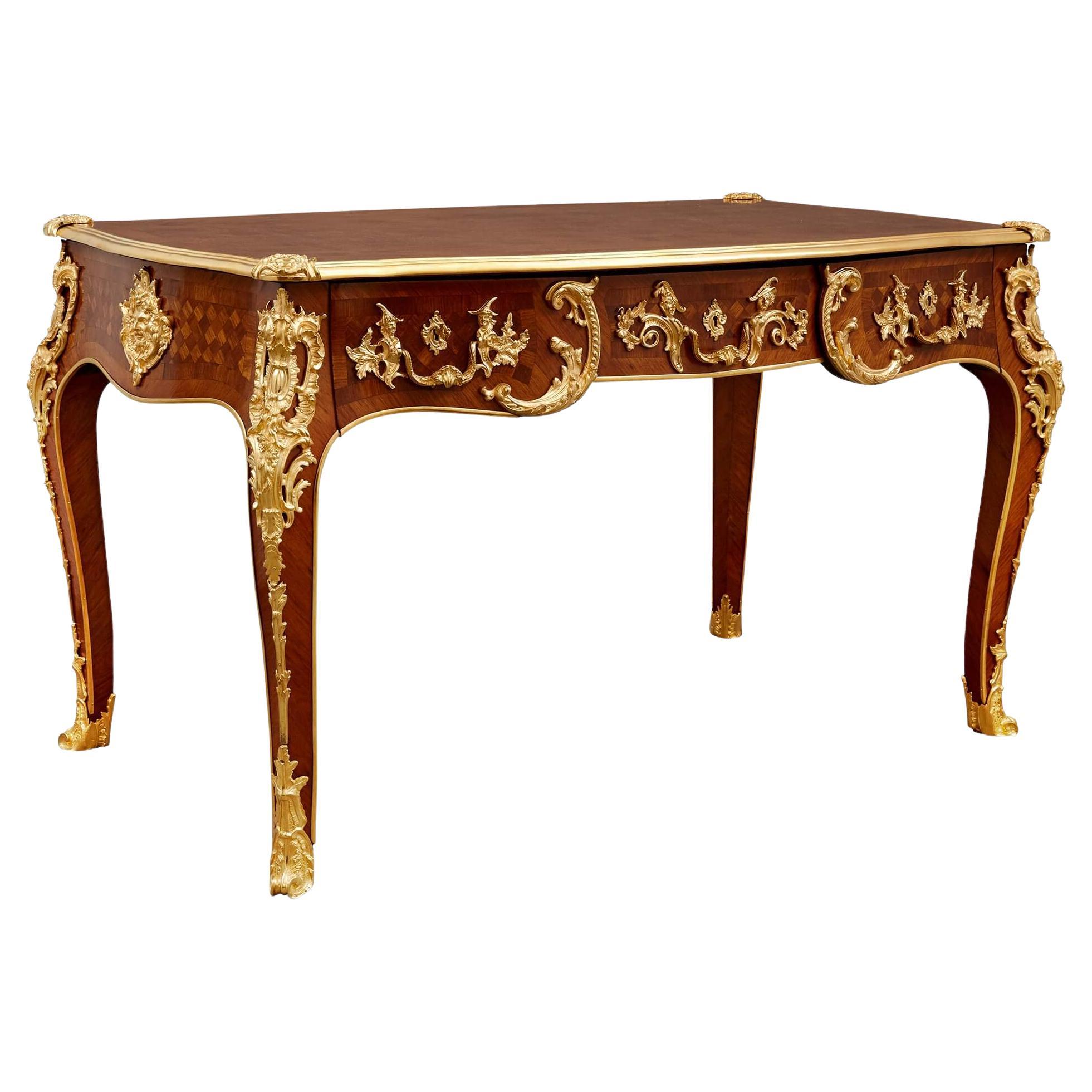 French Gilt Bronze and Marquetry Writing Desk After Cressent For Sale