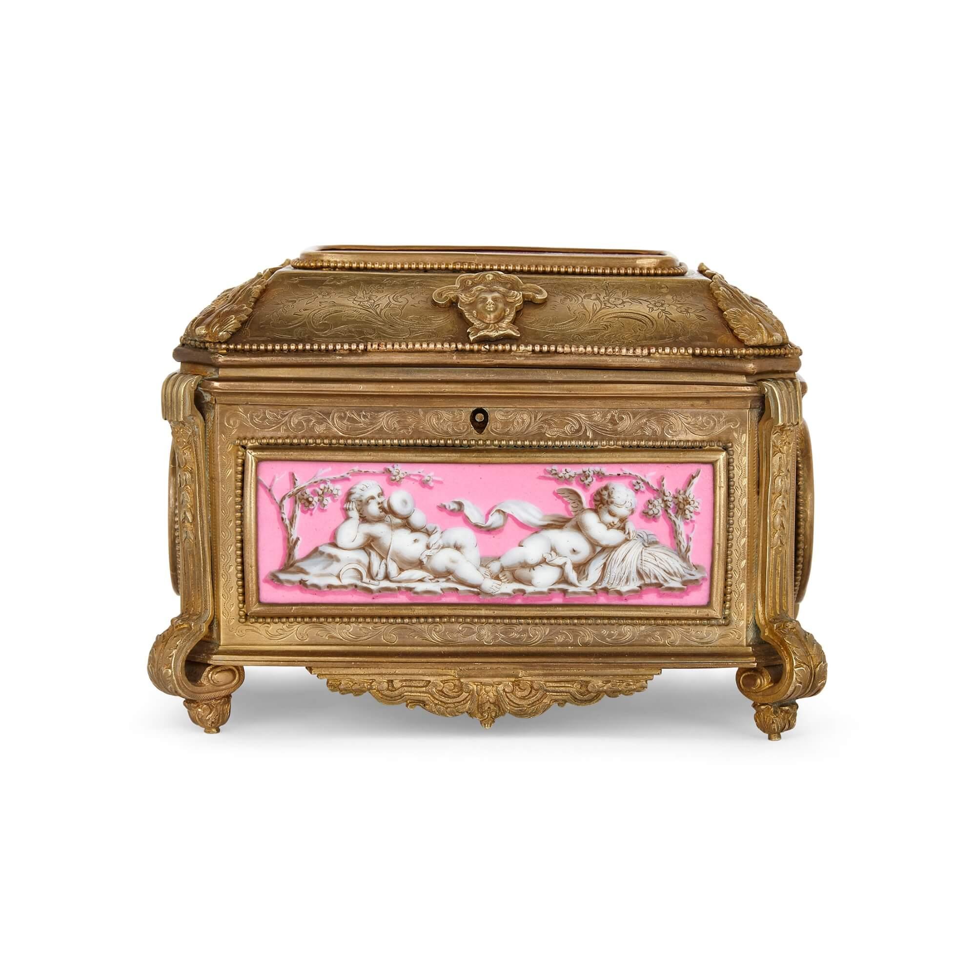 19th Century French Gilt Bronze and Pink Porcelain Jewellery Box by Tahan For Sale