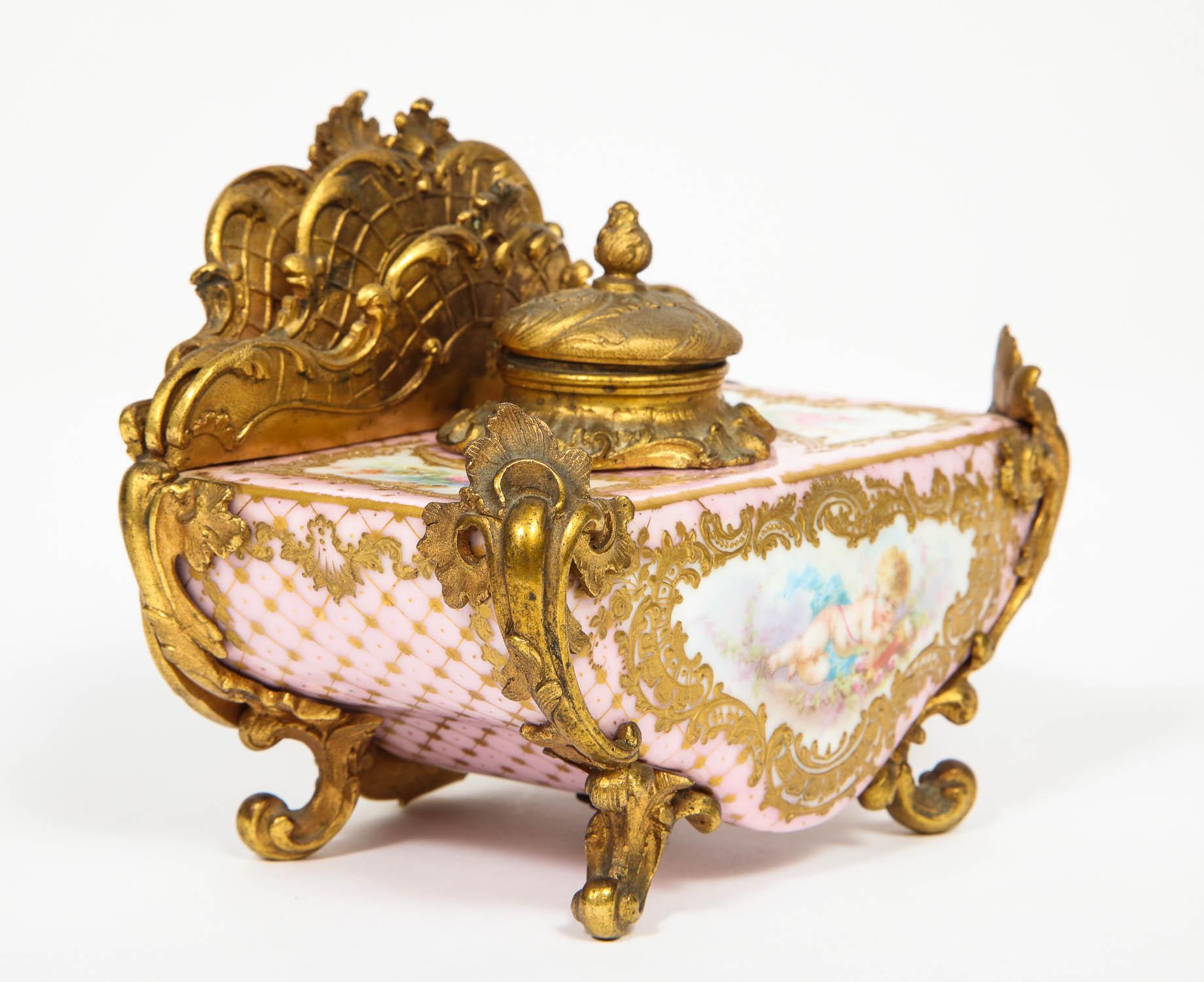 Rococo French Gilt-Bronze and Pink Sèvres Porcelain Inkwell & Letter Holder, circa 1880