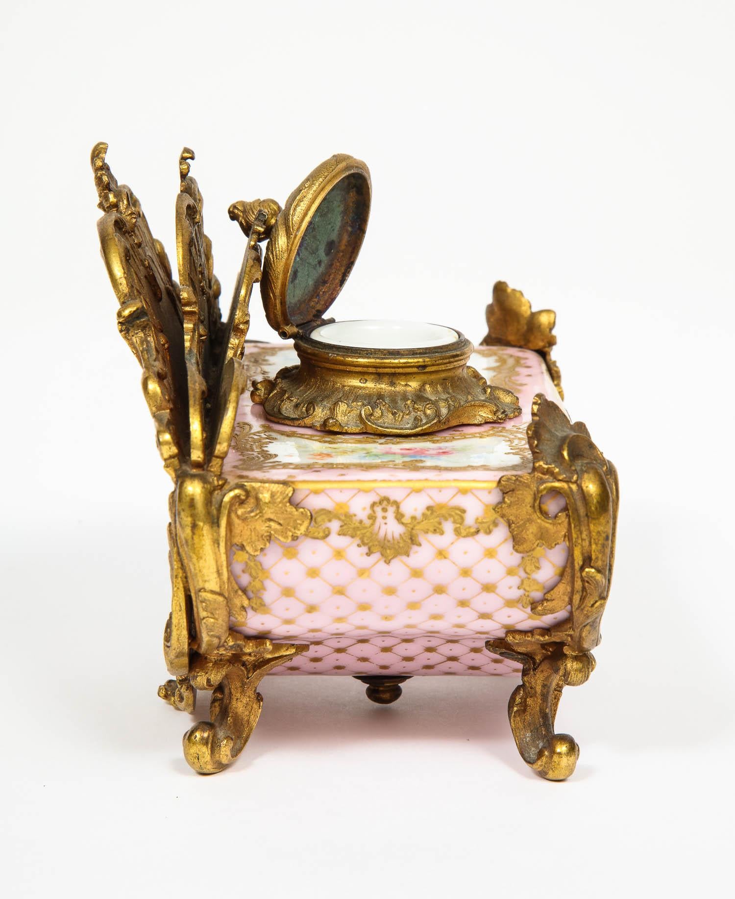 French Gilt-Bronze and Pink Sèvres Porcelain Inkwell & Letter Holder, circa 1880 In Good Condition In New York, NY