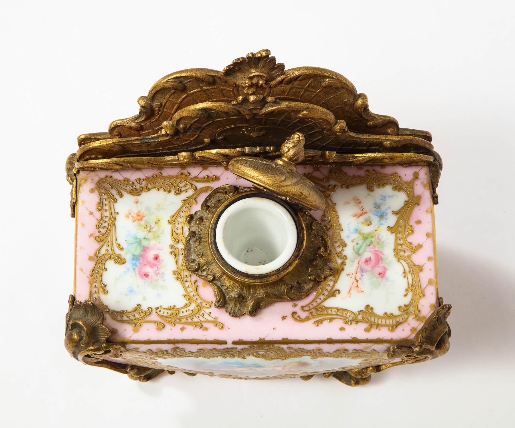 French Gilt-Bronze and Pink Sèvres Porcelain Inkwell & Letter Holder, circa 1880 3