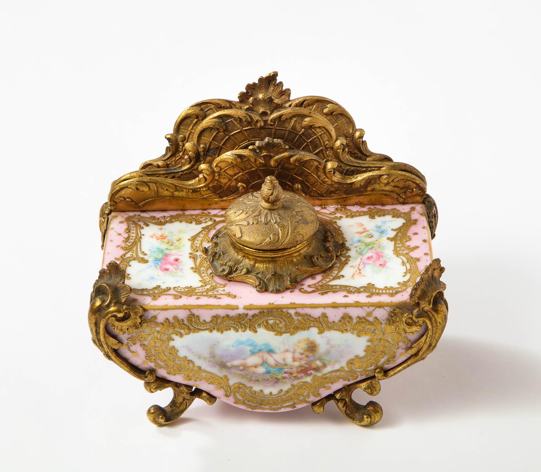 French Gilt-Bronze and Pink Sèvres Porcelain Inkwell & Letter Holder, circa 1880 4