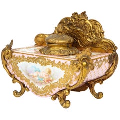 French Gilt-Bronze and Pink Sèvres Porcelain Inkwell & Letter Holder, circa 1880